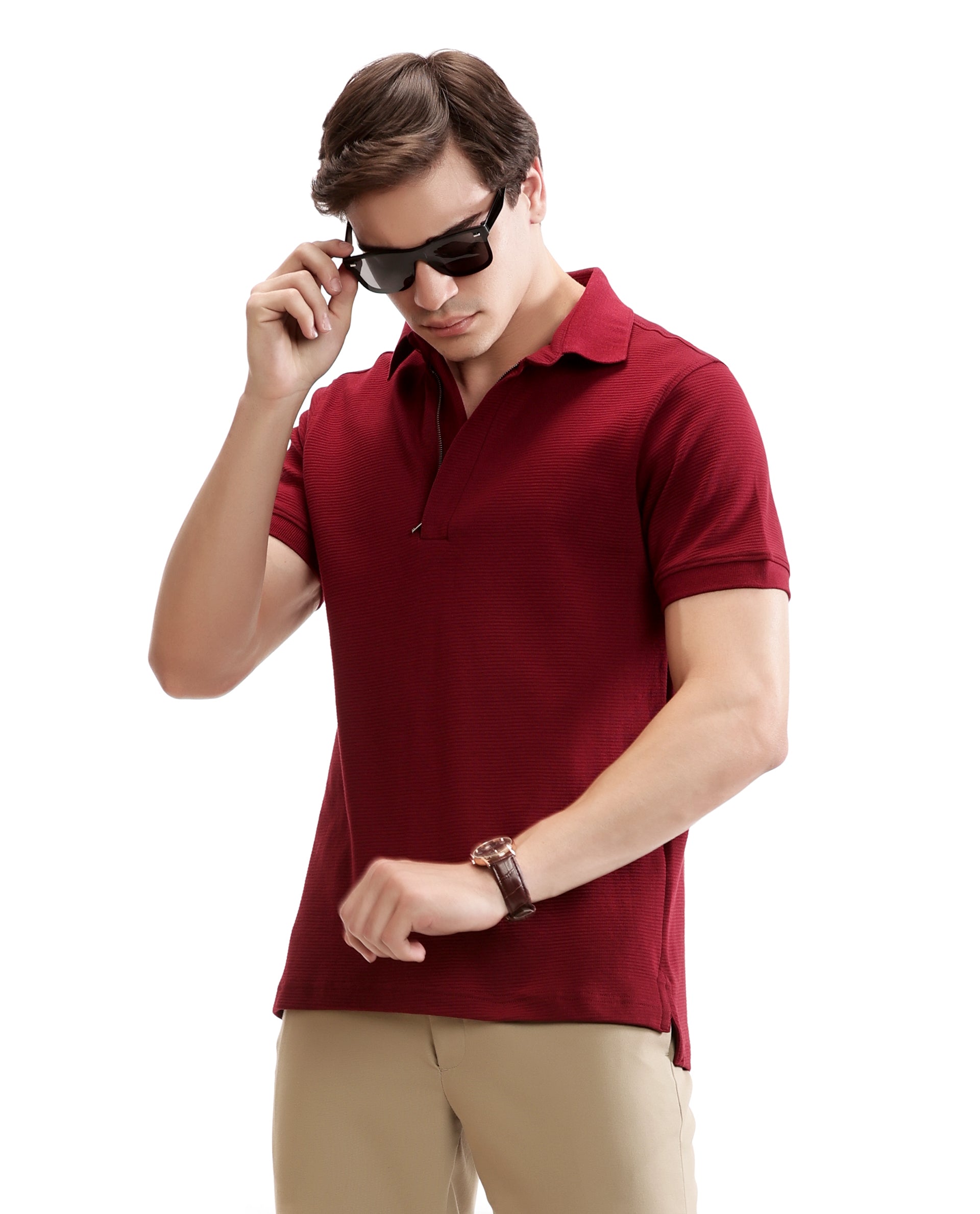 Bordeaux Maroon Knitted Ottoman Polo with 7C Metal Zip