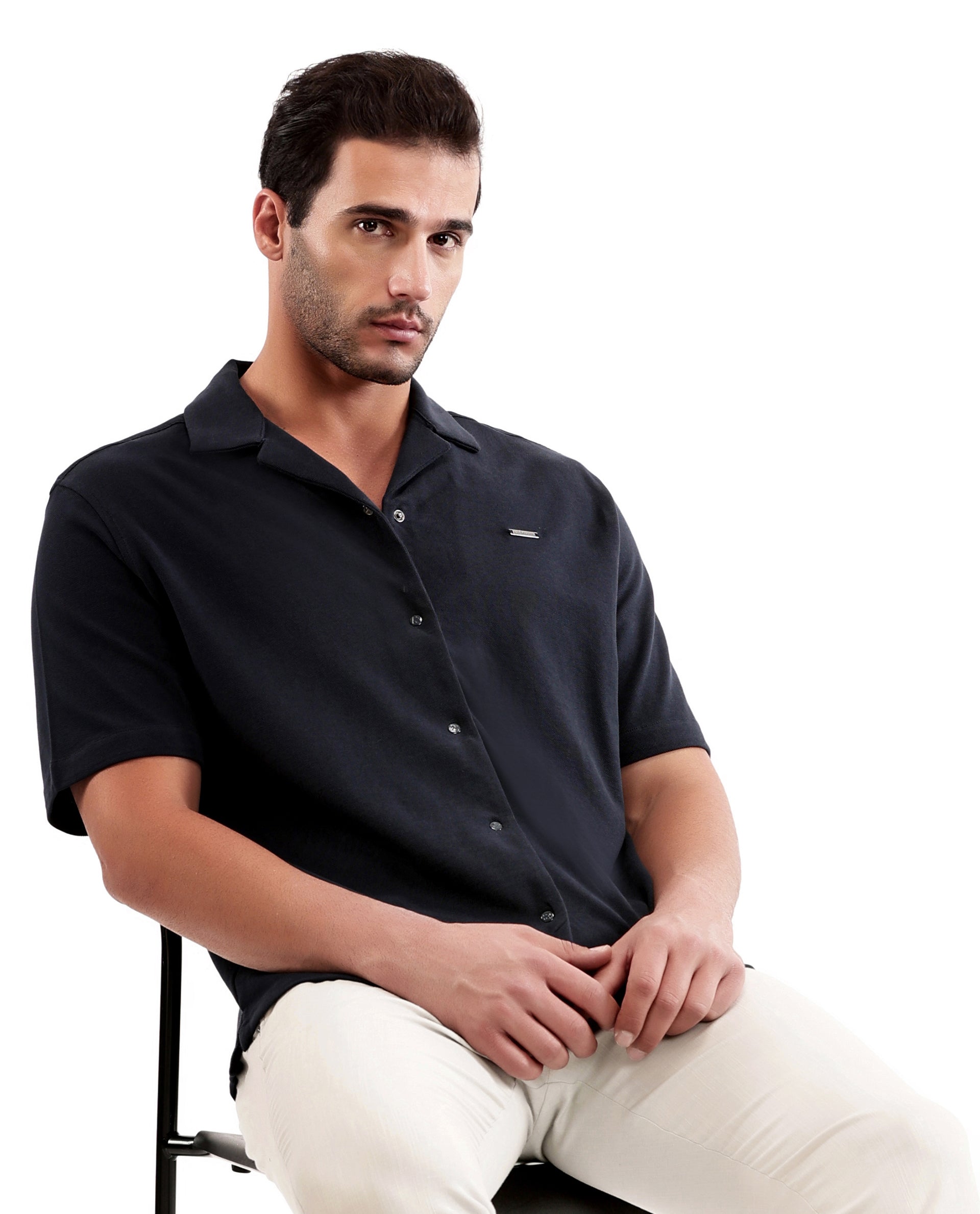 Midnight Navy Blue Pique Knit Shirt with 7C Engraved Snap Buttons, Gun Metal Badge