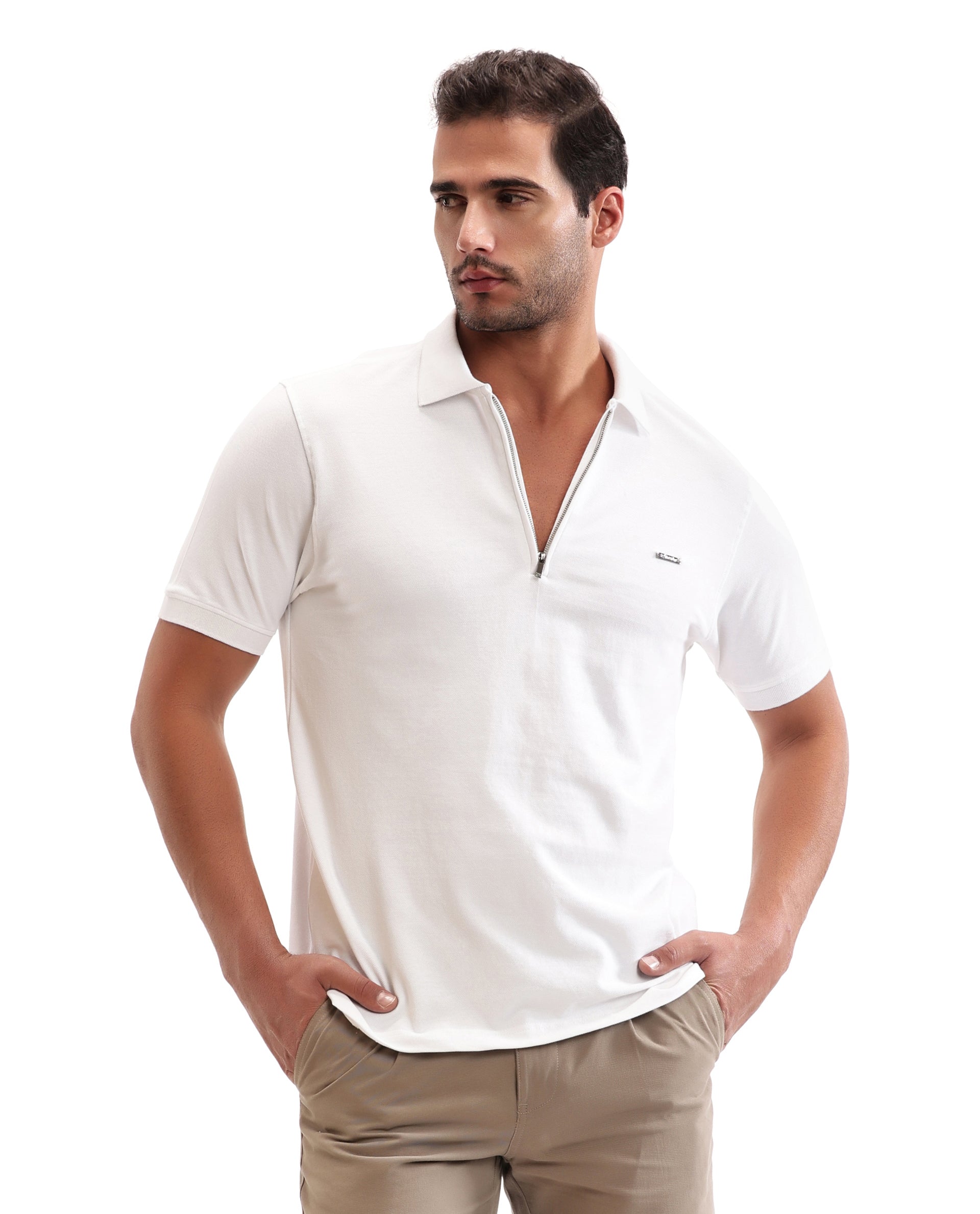Pure White Pique Polo with 7C Metal Zip, Metal Badge