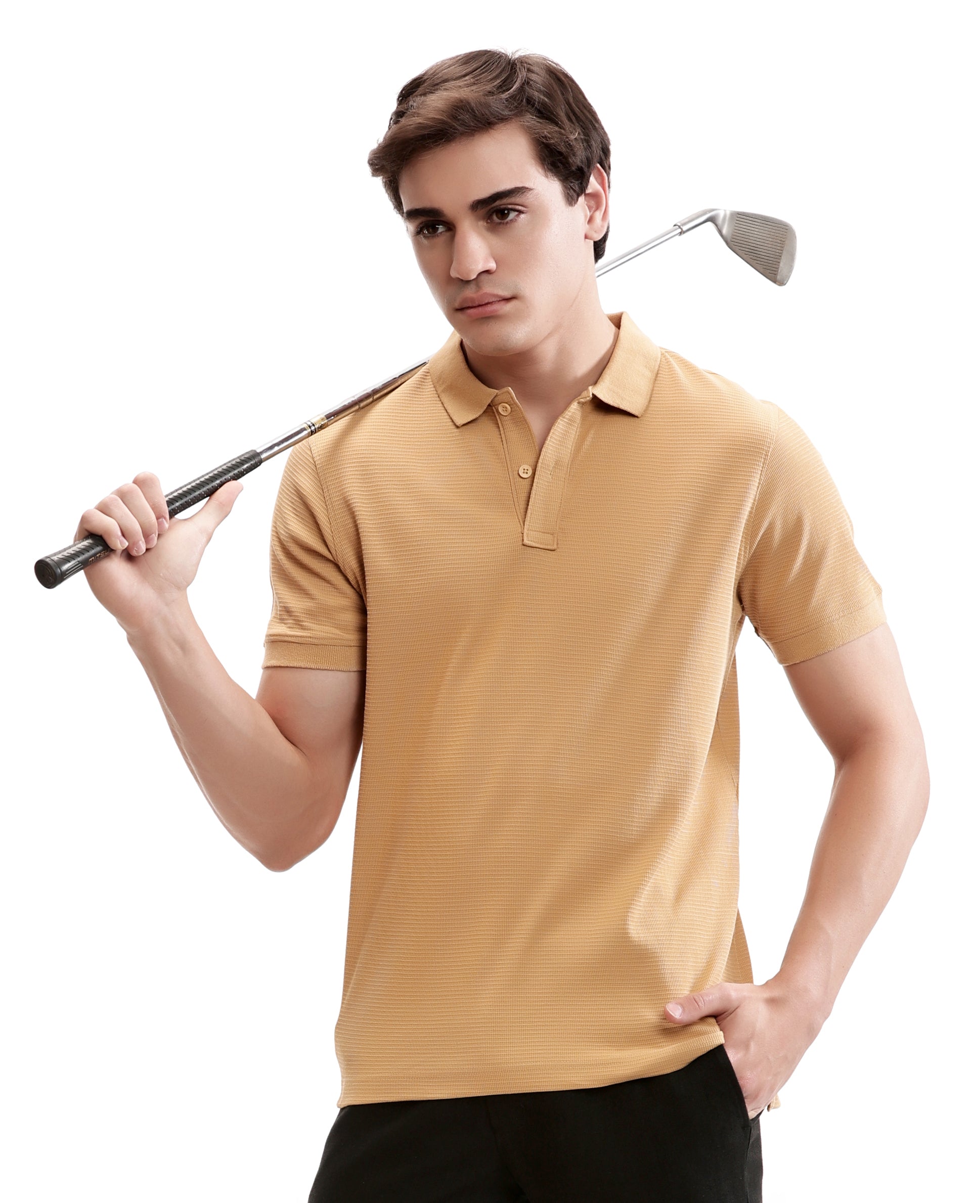 Camel Beige Knitted Waffle Polo with Ribbed Collar