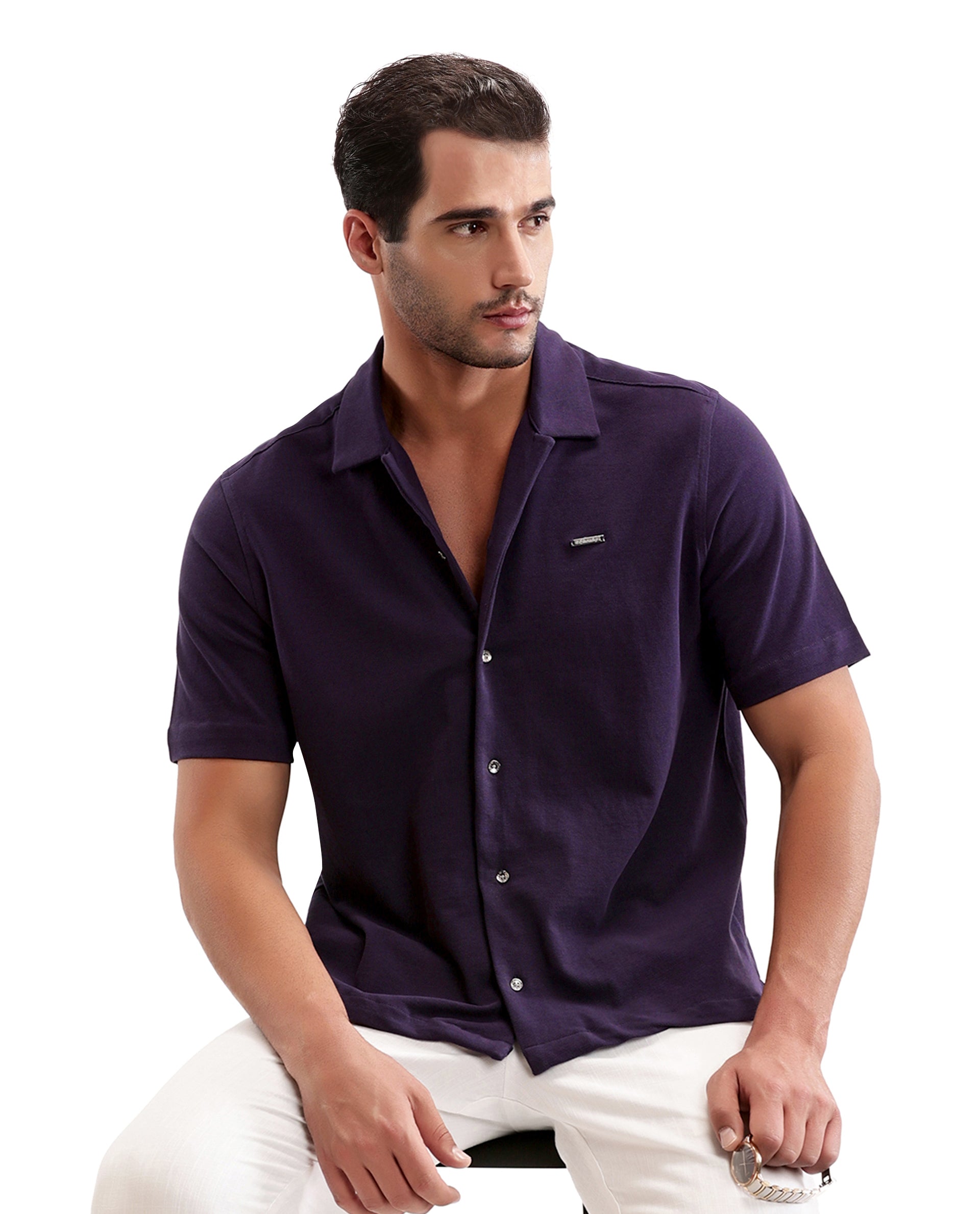 Deep Purple Pique Knit Shirt with 7C Metal Buttons, Gun Metal Badge