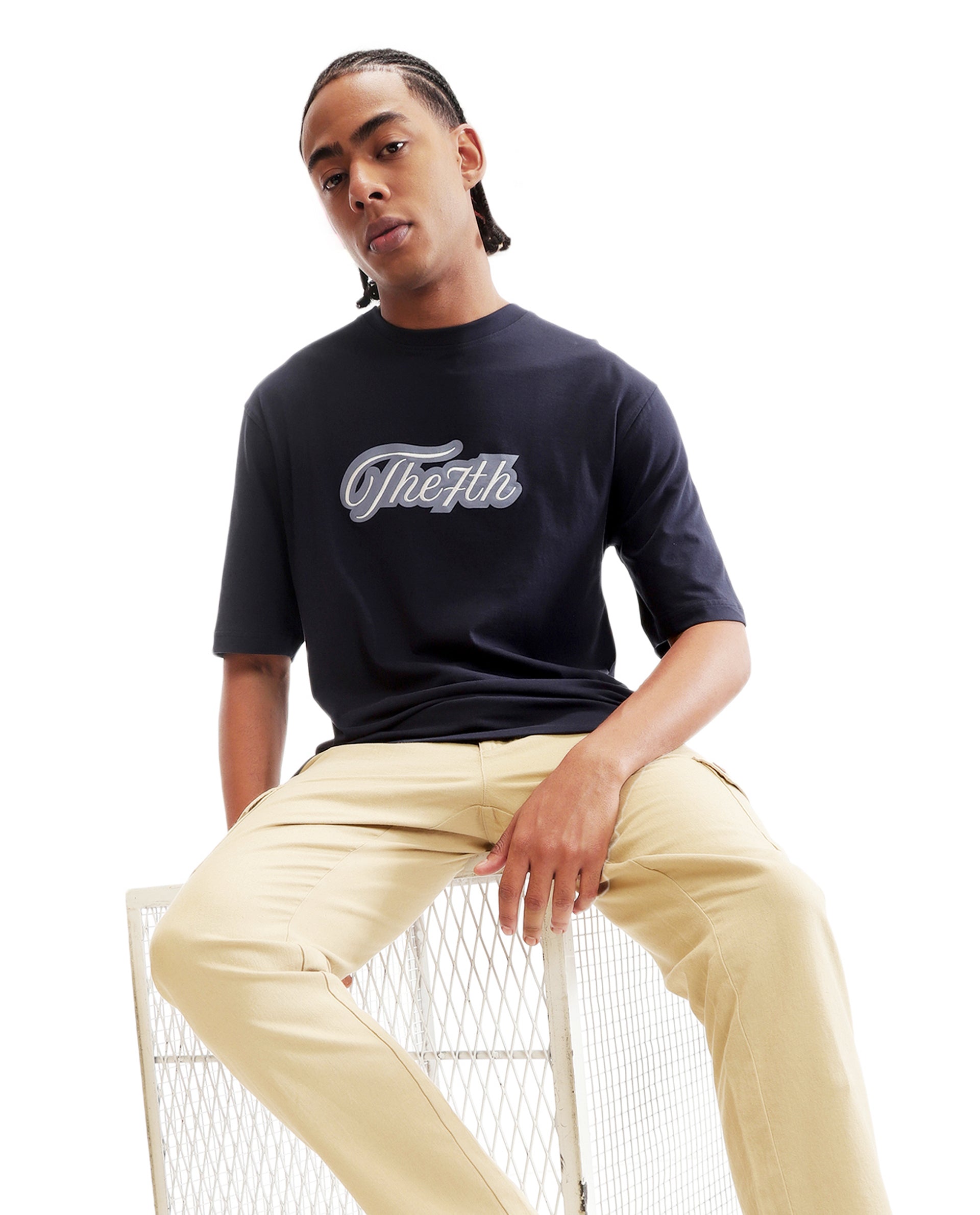 Midnight Navy Blue Single Jersey Crew Neck Oversized T-Shirt with Light Blue Print & Pure White 7C Embroidery
