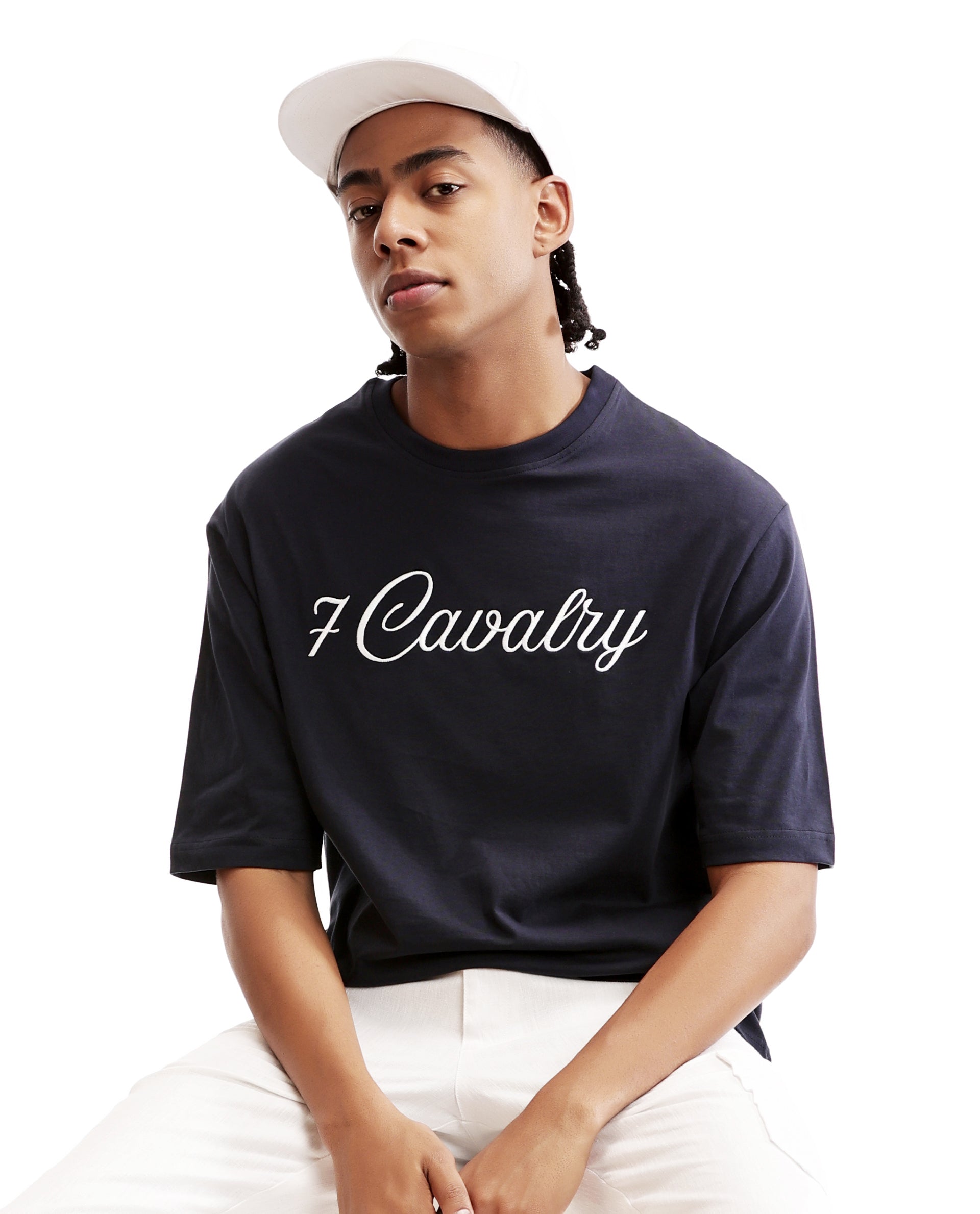 Midnight Navy Blue Single Jersey Crew Neck Oversized T-Shirt with Pure White Embroidery