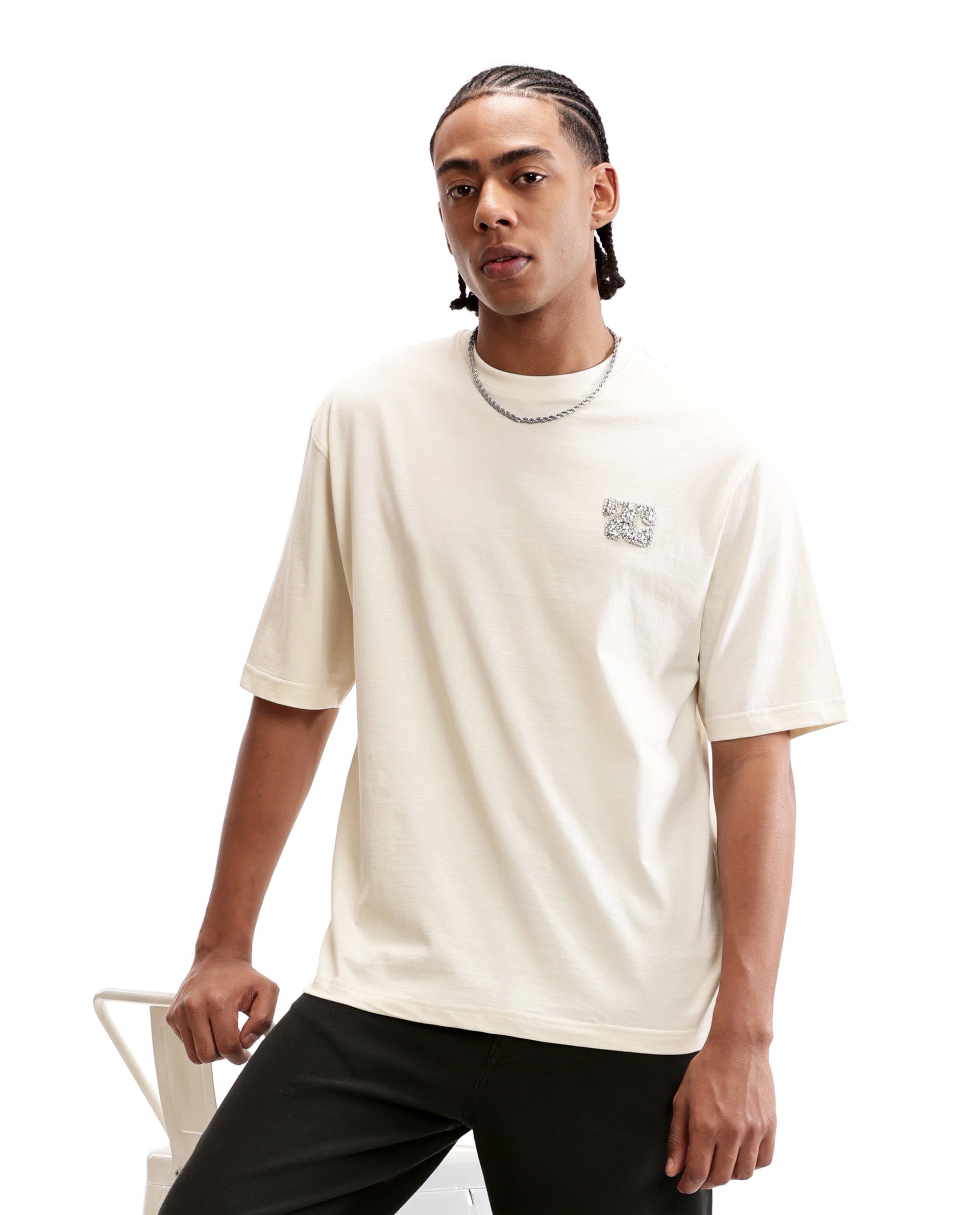 Ivory White Single Jersey Crew Neck Oversized T-Shirt with Crystal Finish Rhinestones