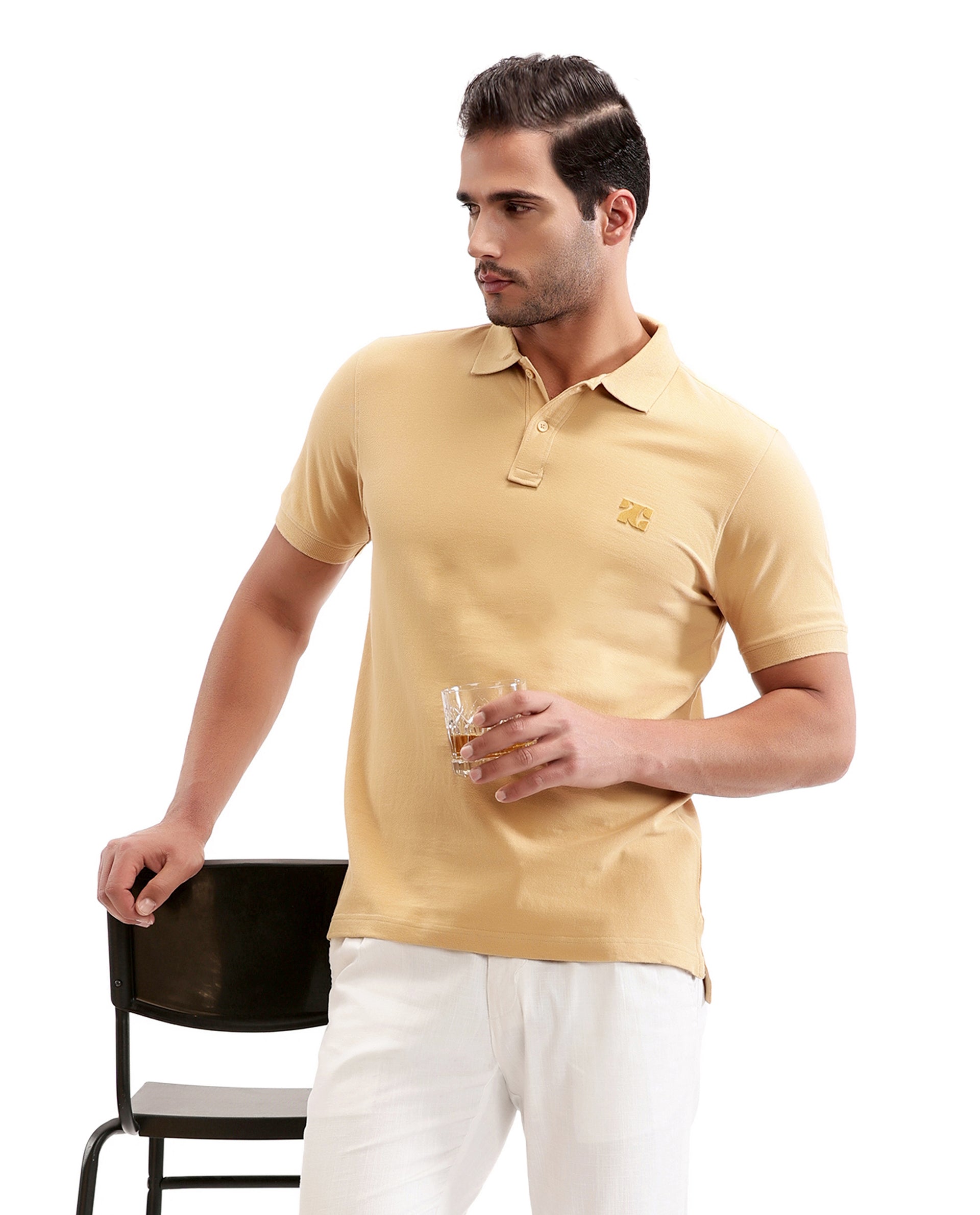 Camel Beige Pique Polo with Tufted Embroidery