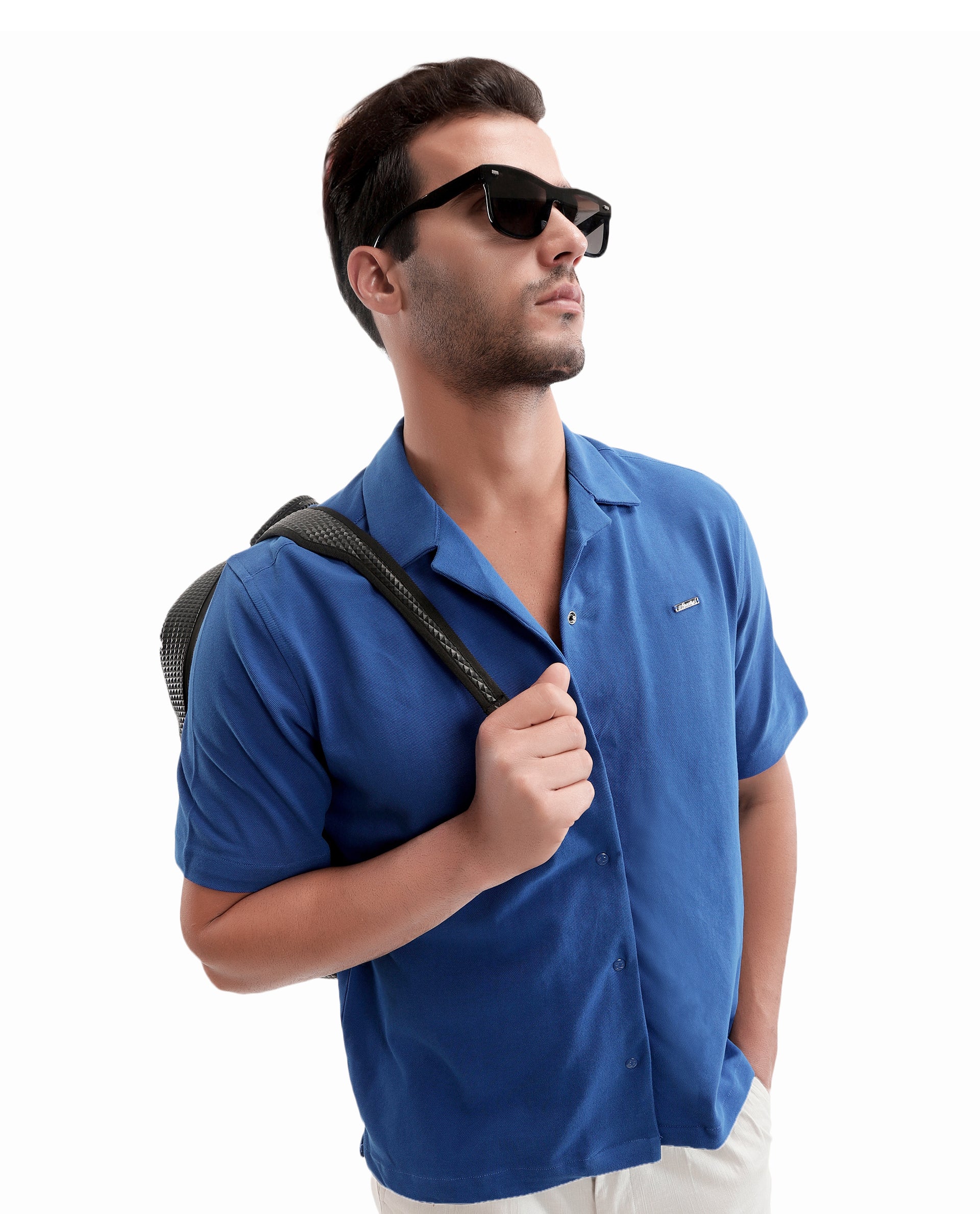 Imperial Prussian Blue Pique Knit Shirt with 7C Engraved Snap Buttons, Gun Metal Badge