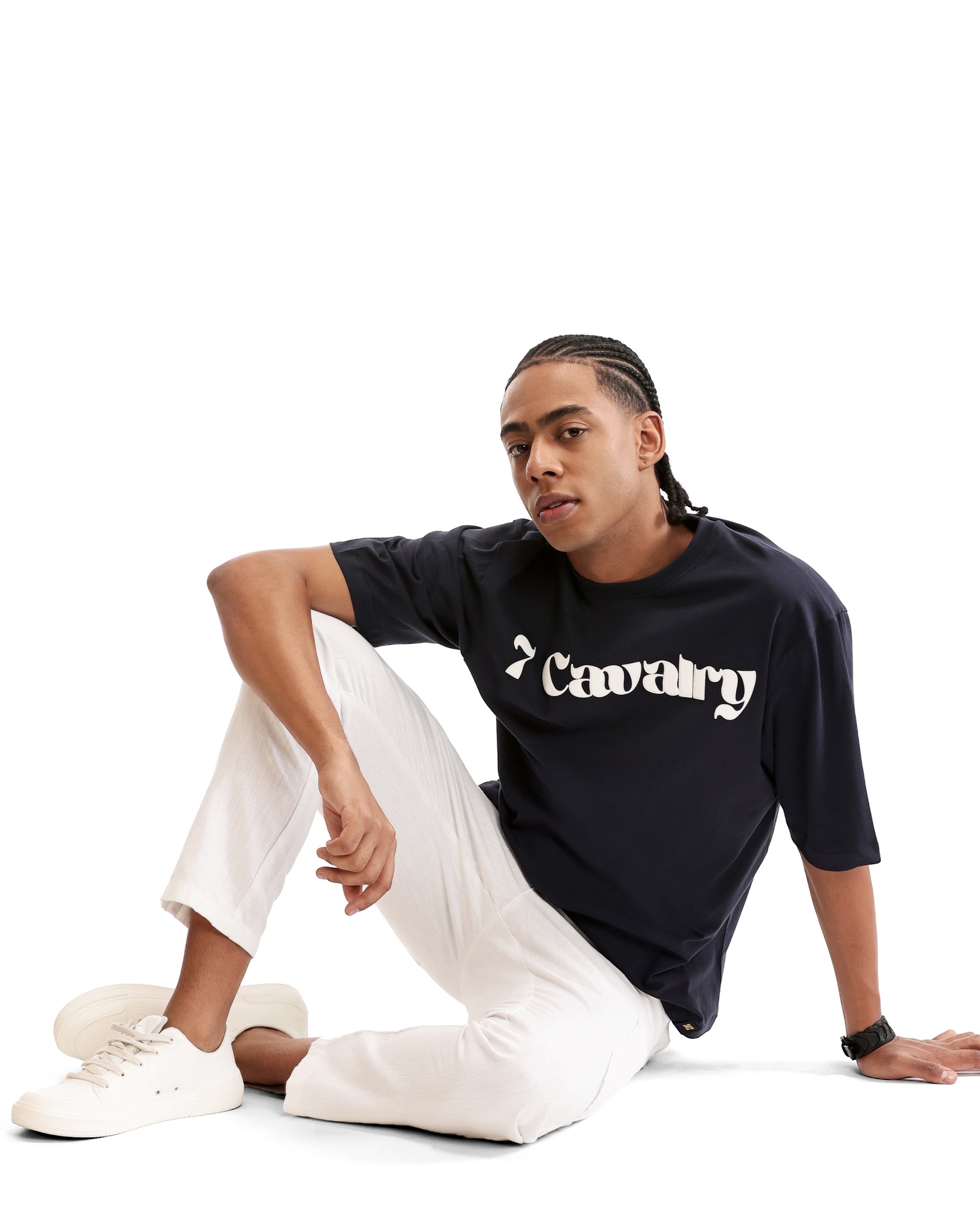 Midnight Navy Blue Single Jersey Crew Neck Oversized T-Shirt with Pure White Puff Print
