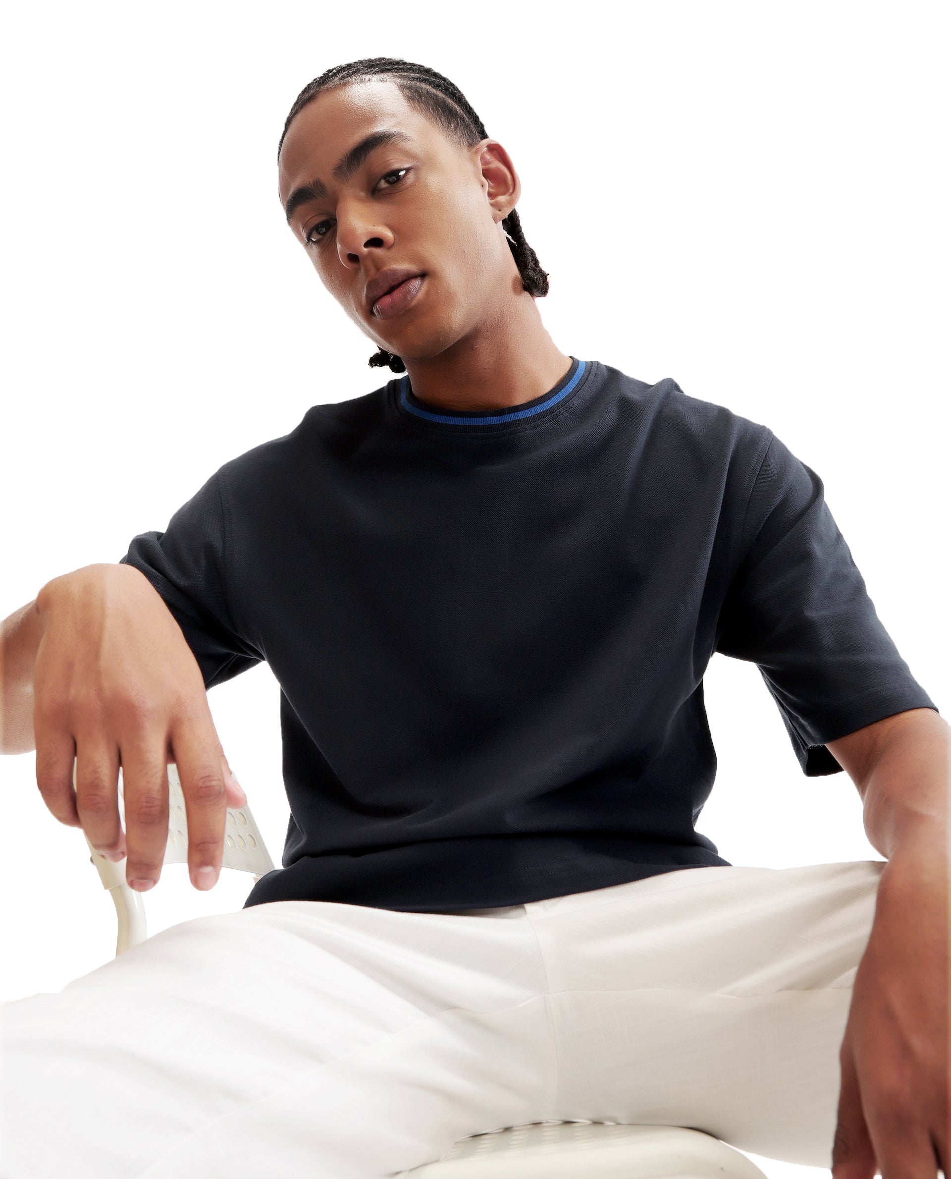 Midnight Navy Blue Pique Crew Neck Oversized T-Shirt with Imperial Prussian Blue
