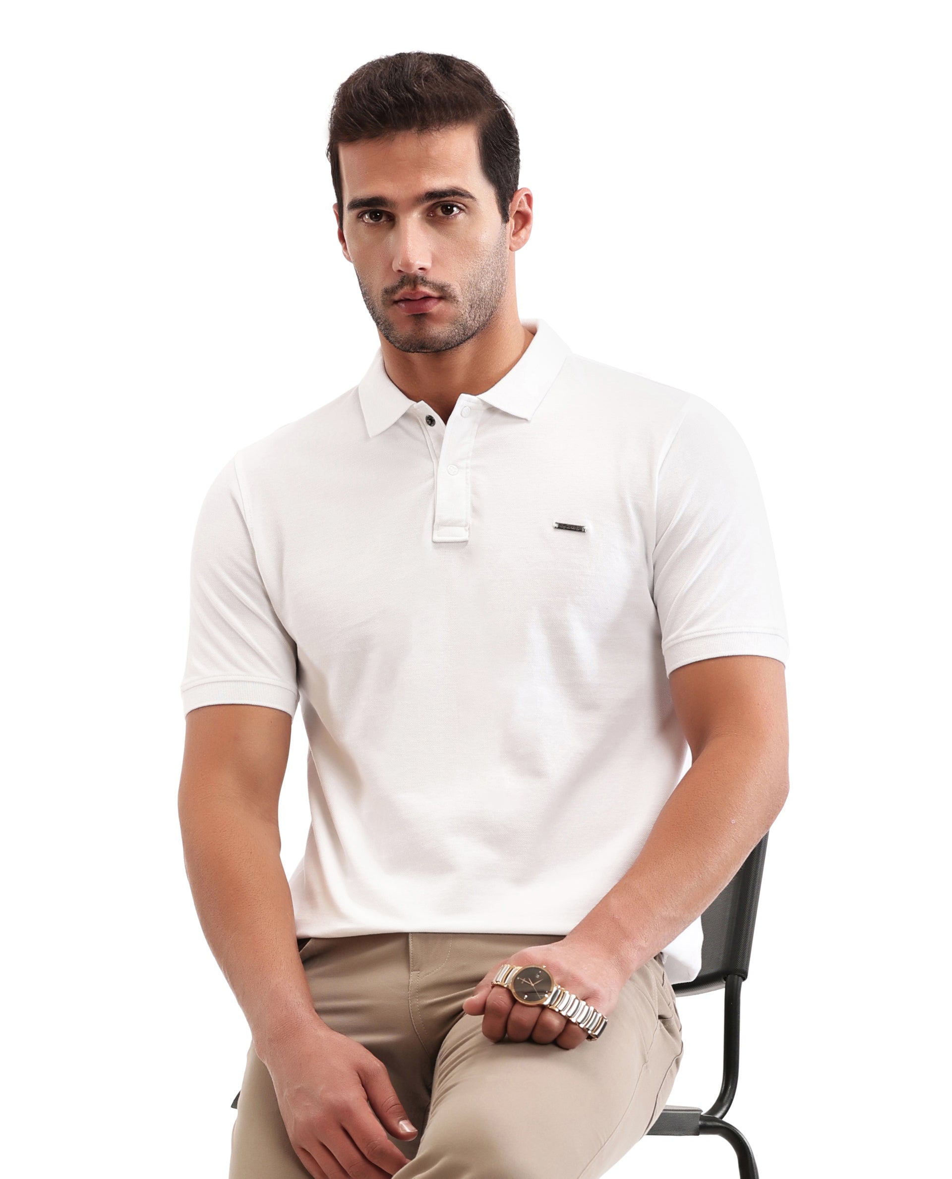 Pure White Pique Polo with 7C Snap Buttons, Metal Badge