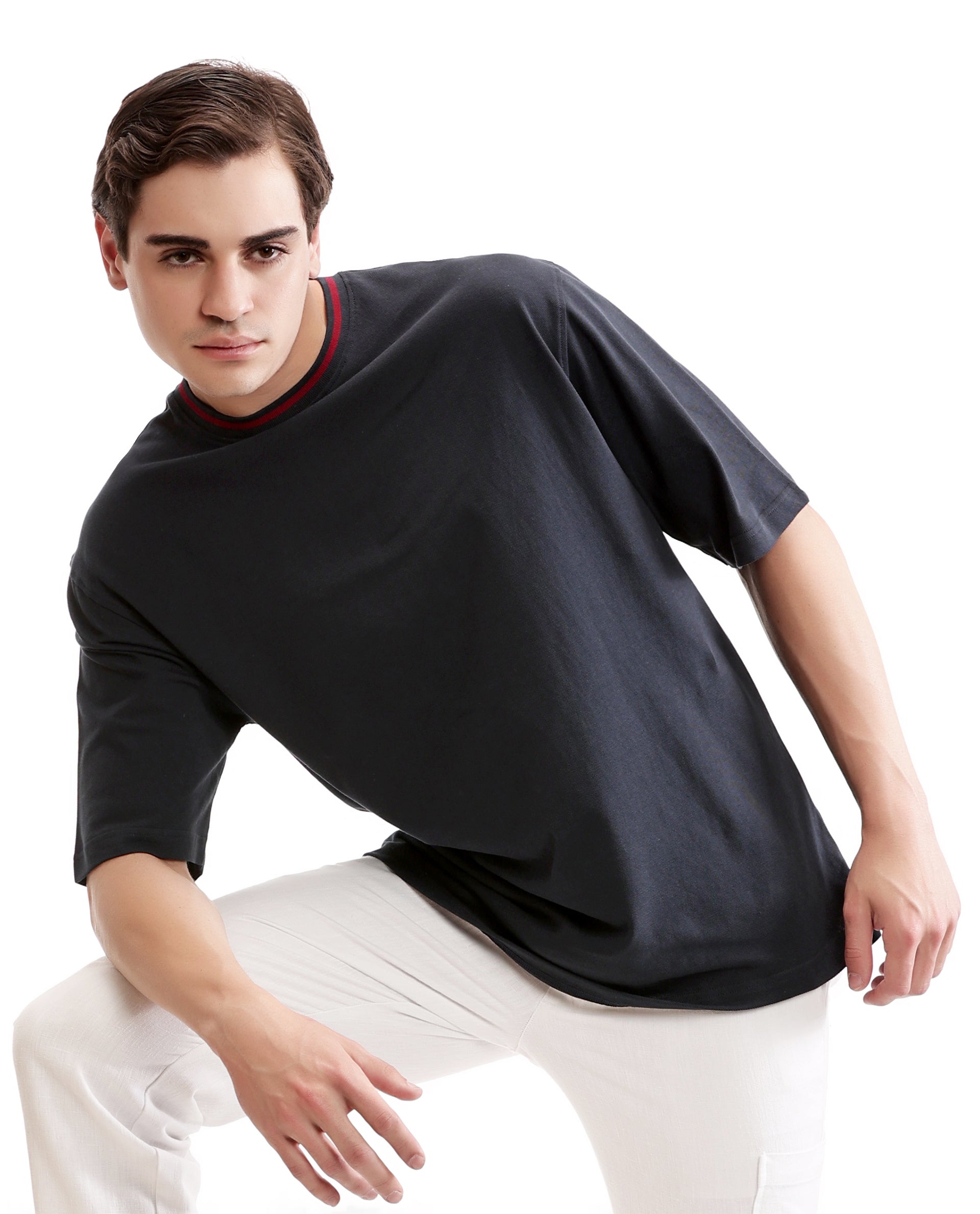 Midnight Navy Blue Pique Crew Neck Oversized T-Shirt with Bordeaux Maroon Piping
