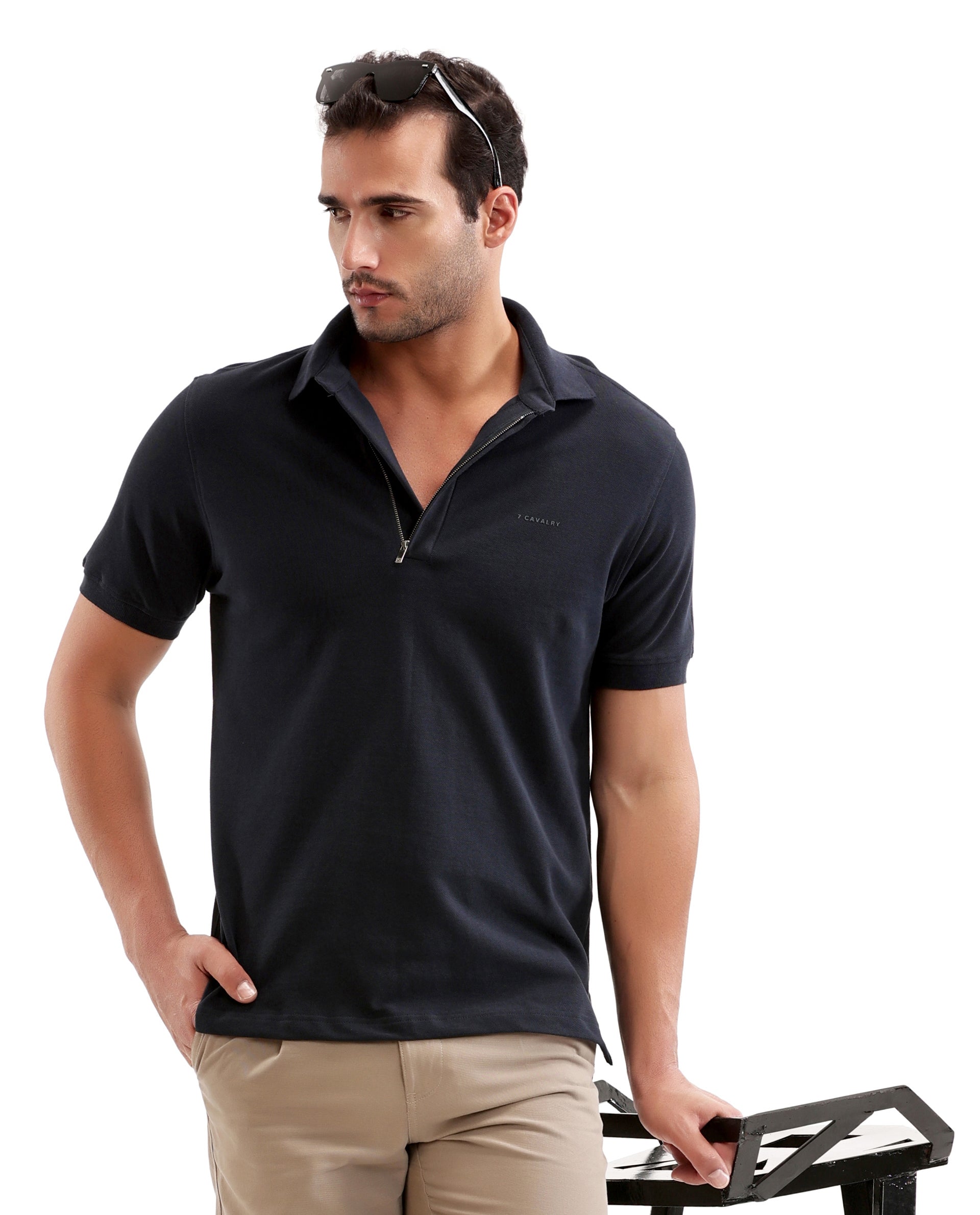 Midnight Navy Blue Pique Polo with Concealed 7C Metal Zip, HD Print