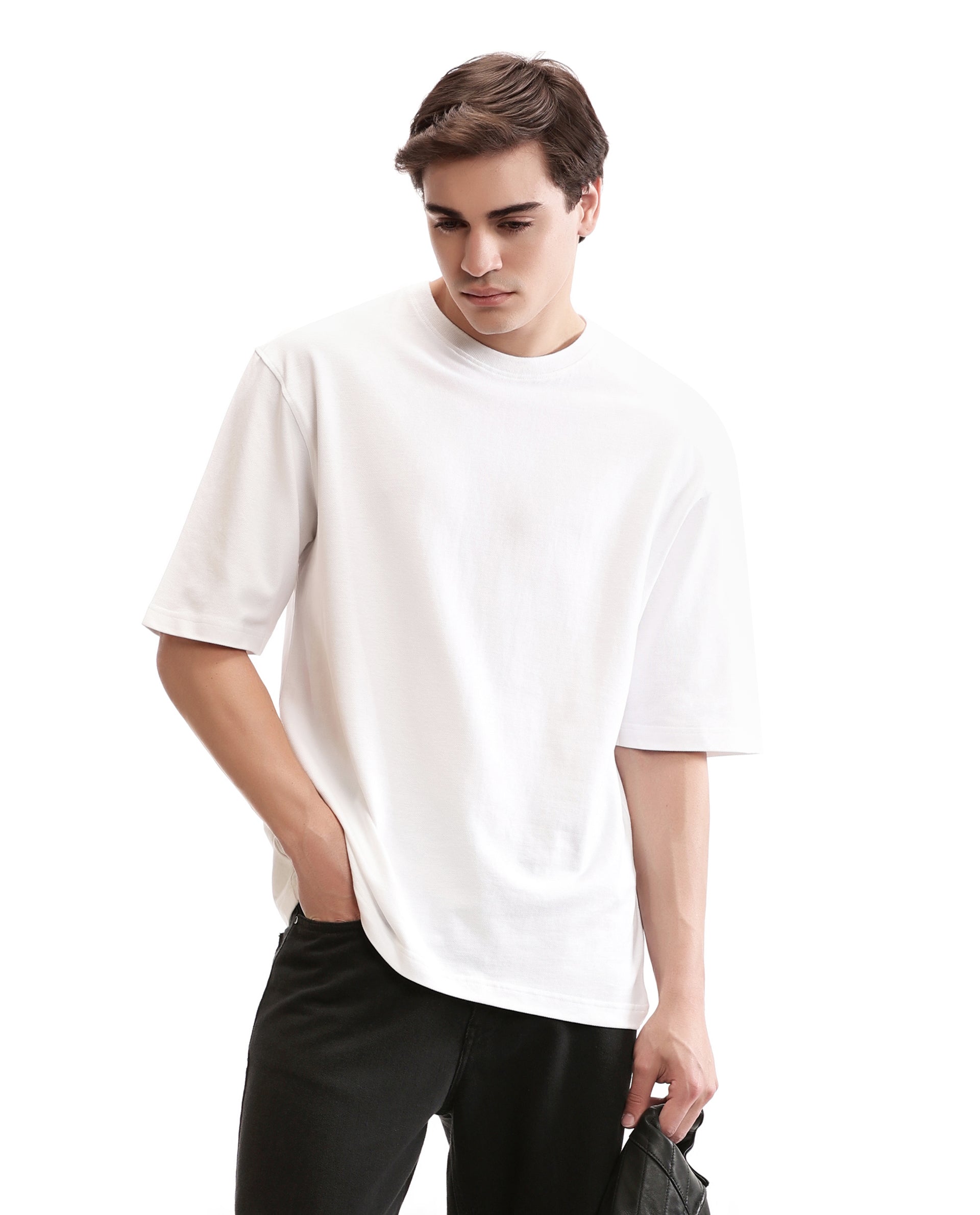 Pure White Pique Crew Neck Oversized T-Shirt