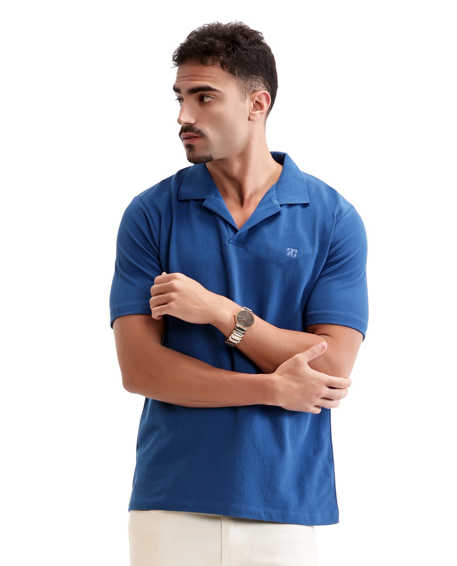 Imperial Prussian Blue Johnny Collar Pique Polo with Tone-on-Tone 7C Embroidery