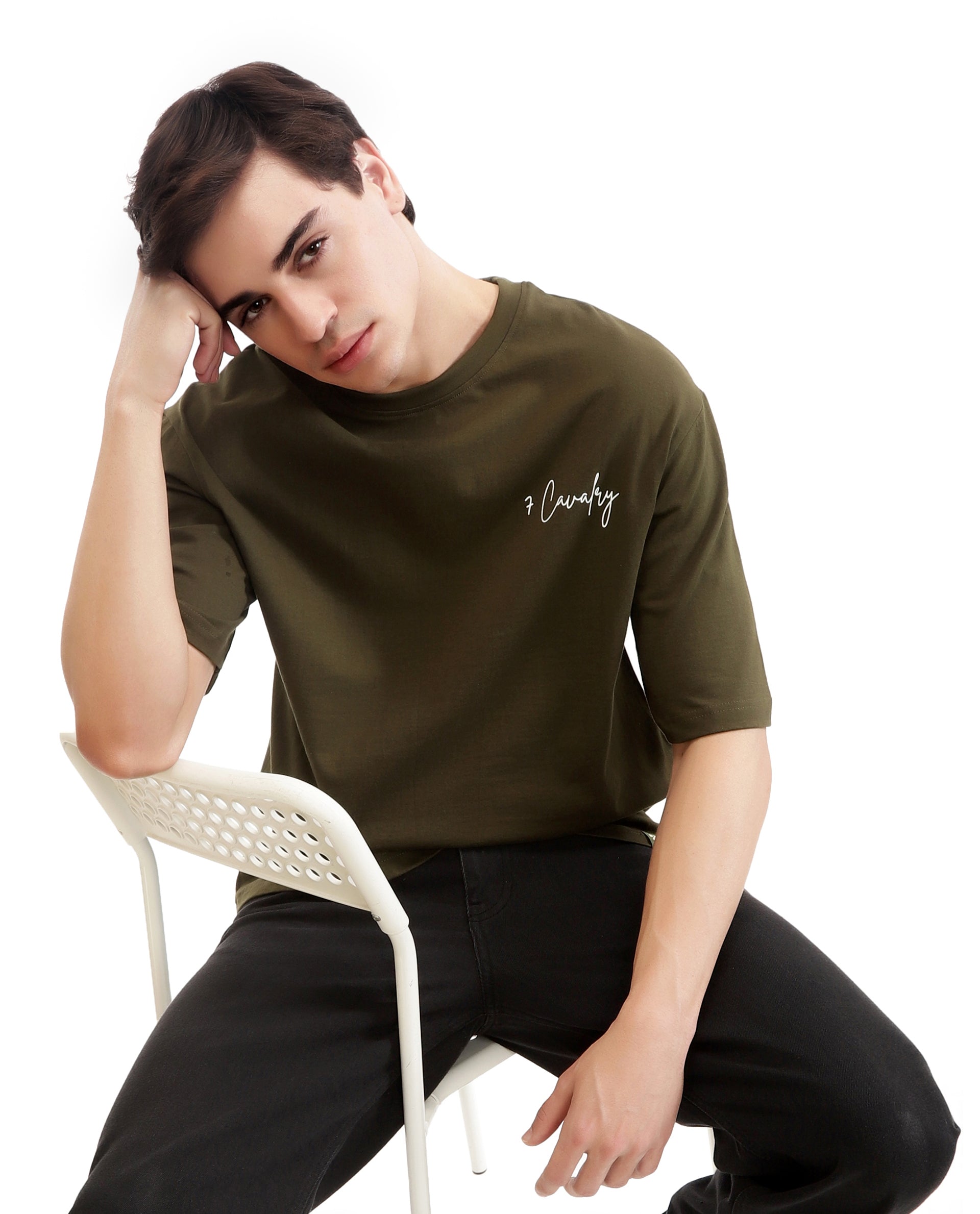 Vintage Olive Single Jersey Crew Neck Oversized T-Shirt with Pure White Non-PVC Print
