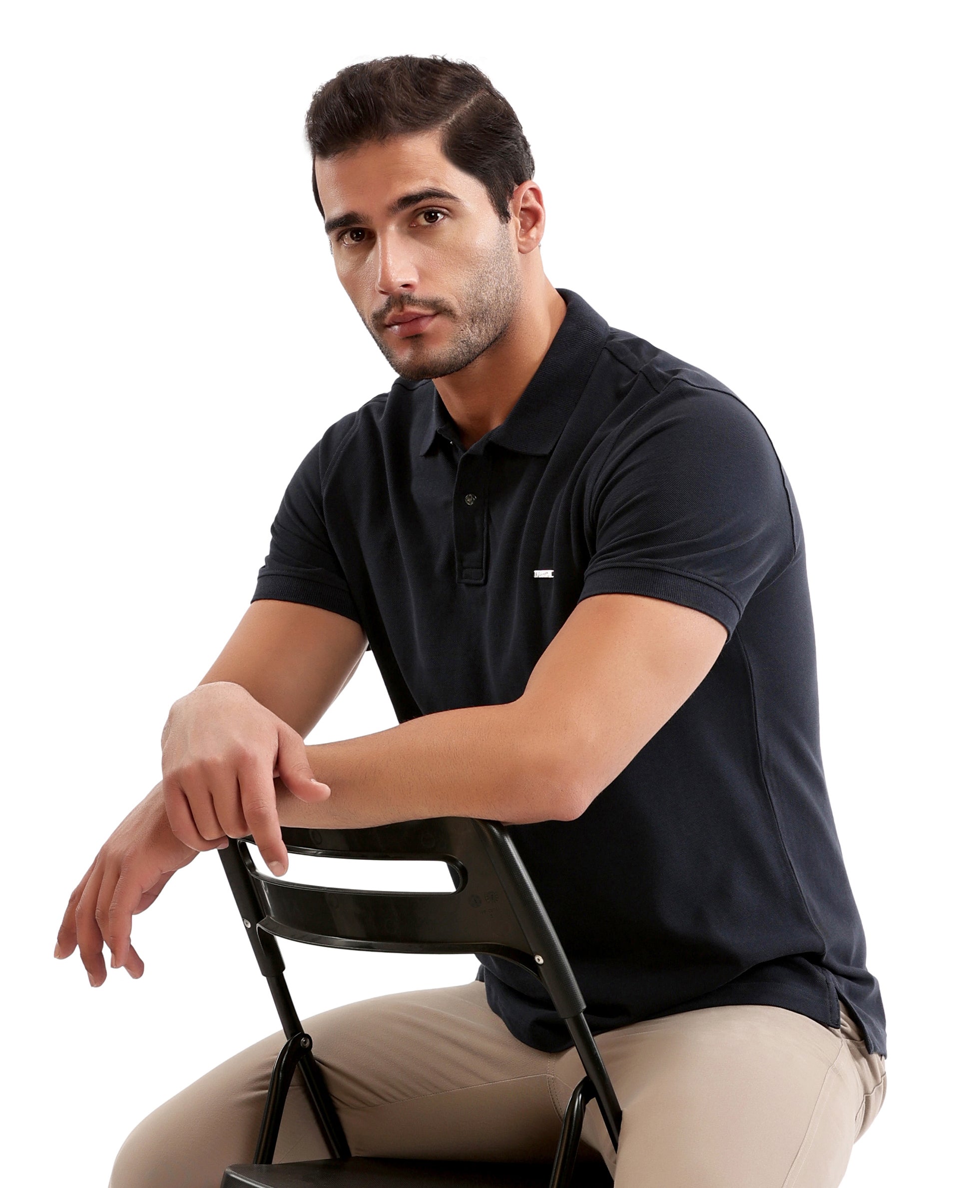 Midnight Navy Blue Pique Polo with 7C Snap Buttons, Metal Badge