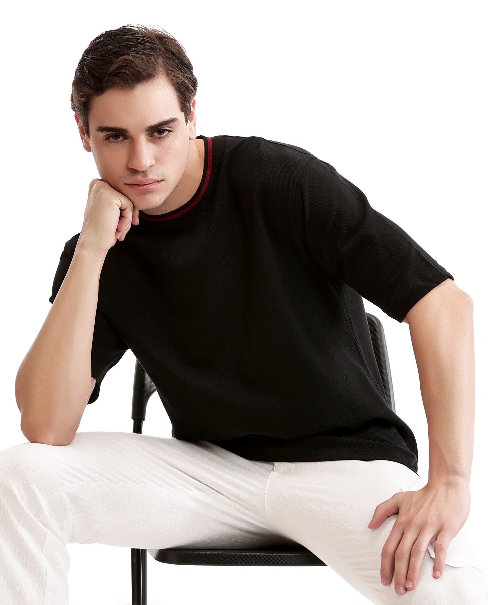 Charcoal Black Pique Crew Neck Oversized T-Shirt with Bordeaux Maroon Piping