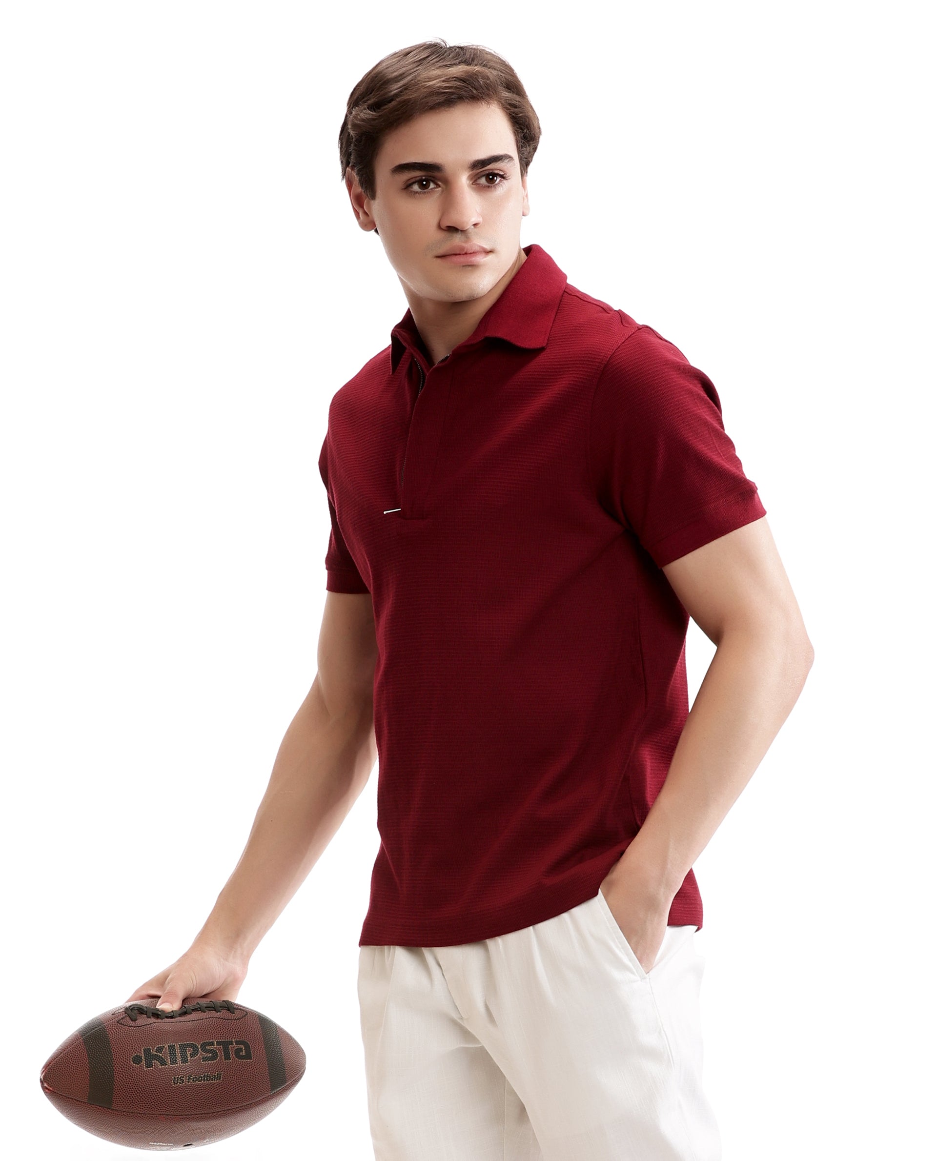 Bordeaux Maroon Knitted Waffle Polo with 7C Metal Zip