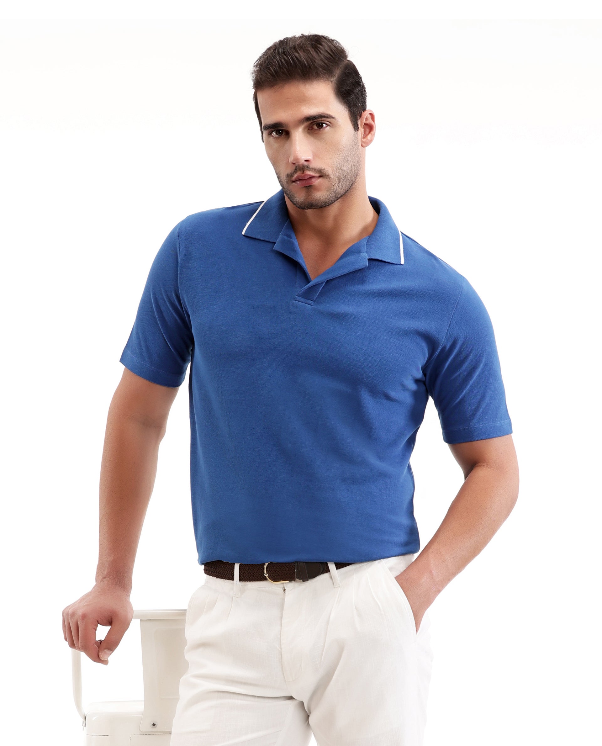 Prussian Blue Johnny Collar Polo with White Collar Piping