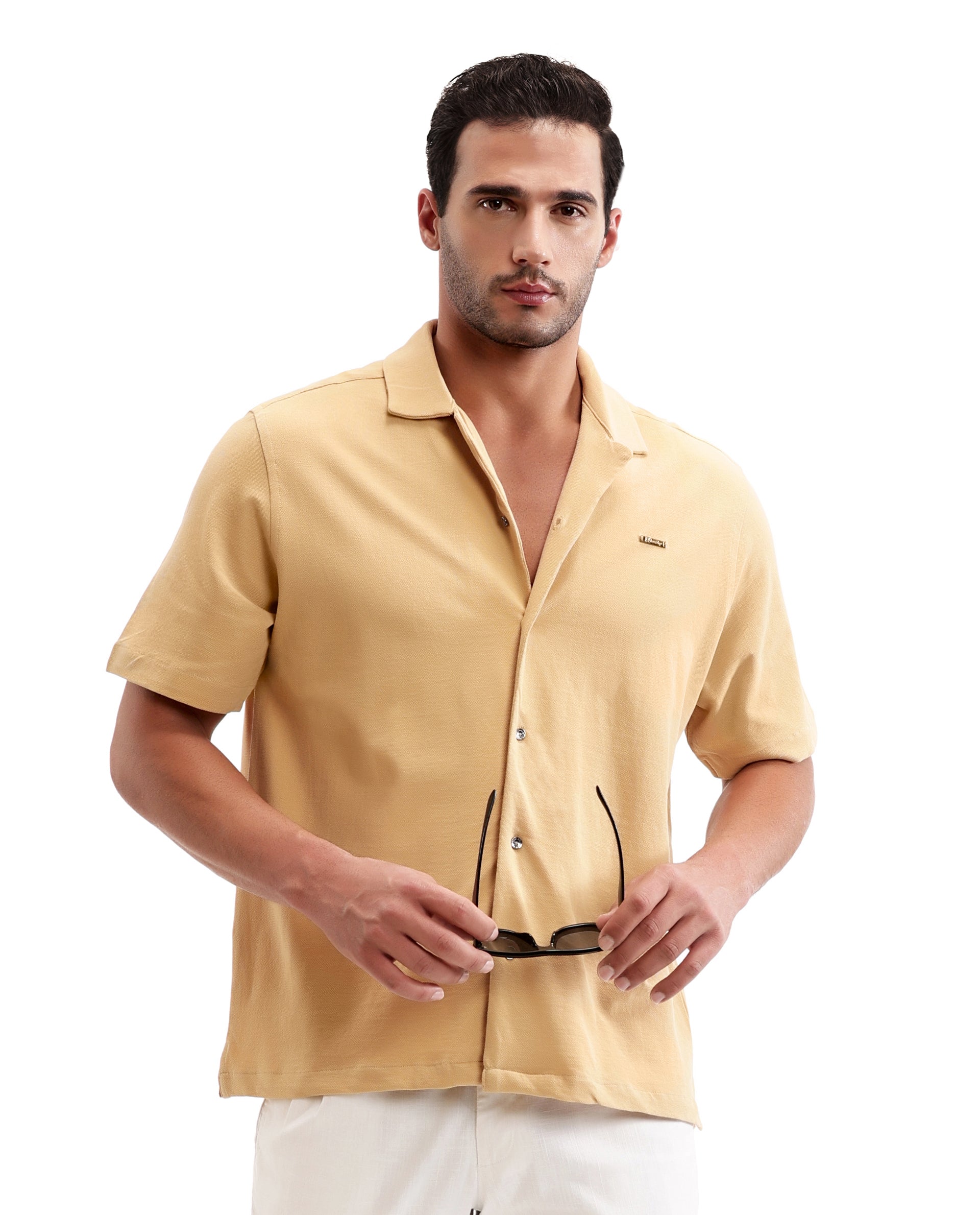 Camel Beige Pique Knit Shirt with 7C Metal Buttons, Gun Metal Badge