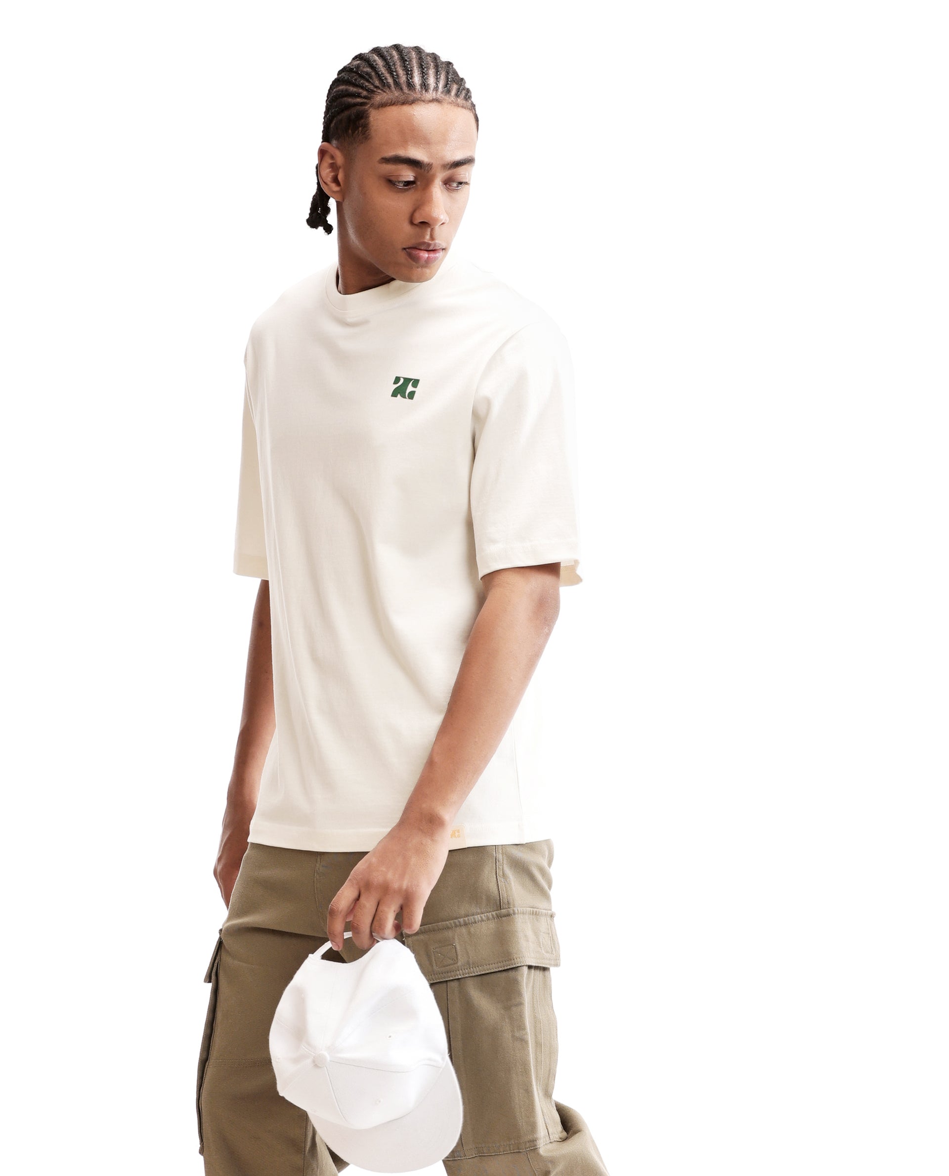 Ivory White Single Jersey Crew Neck Oversized T-Shirt with Deep Forest Green HD Print