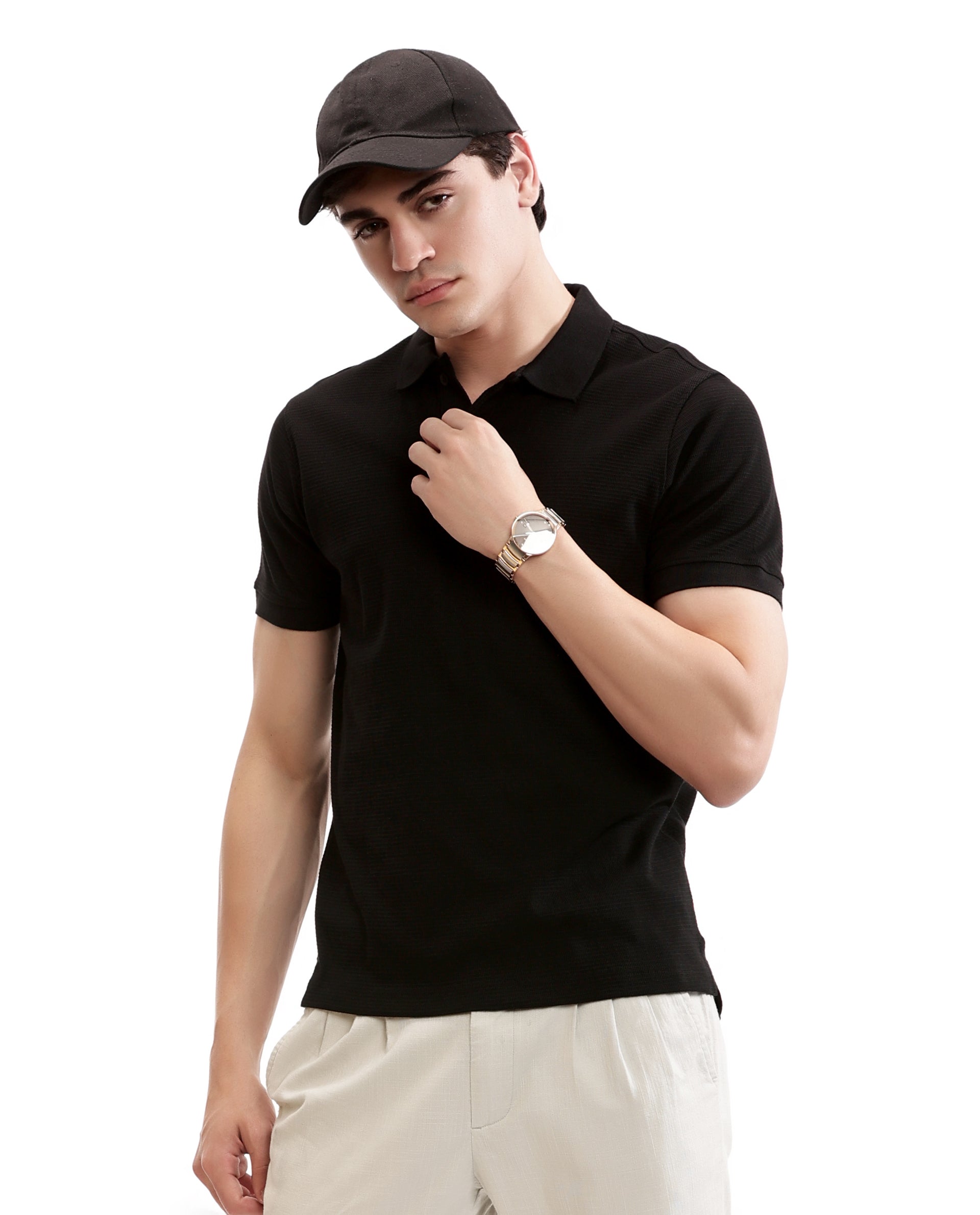 Charcoal Black Knitted Waffle Polo with Ribbed Collar
