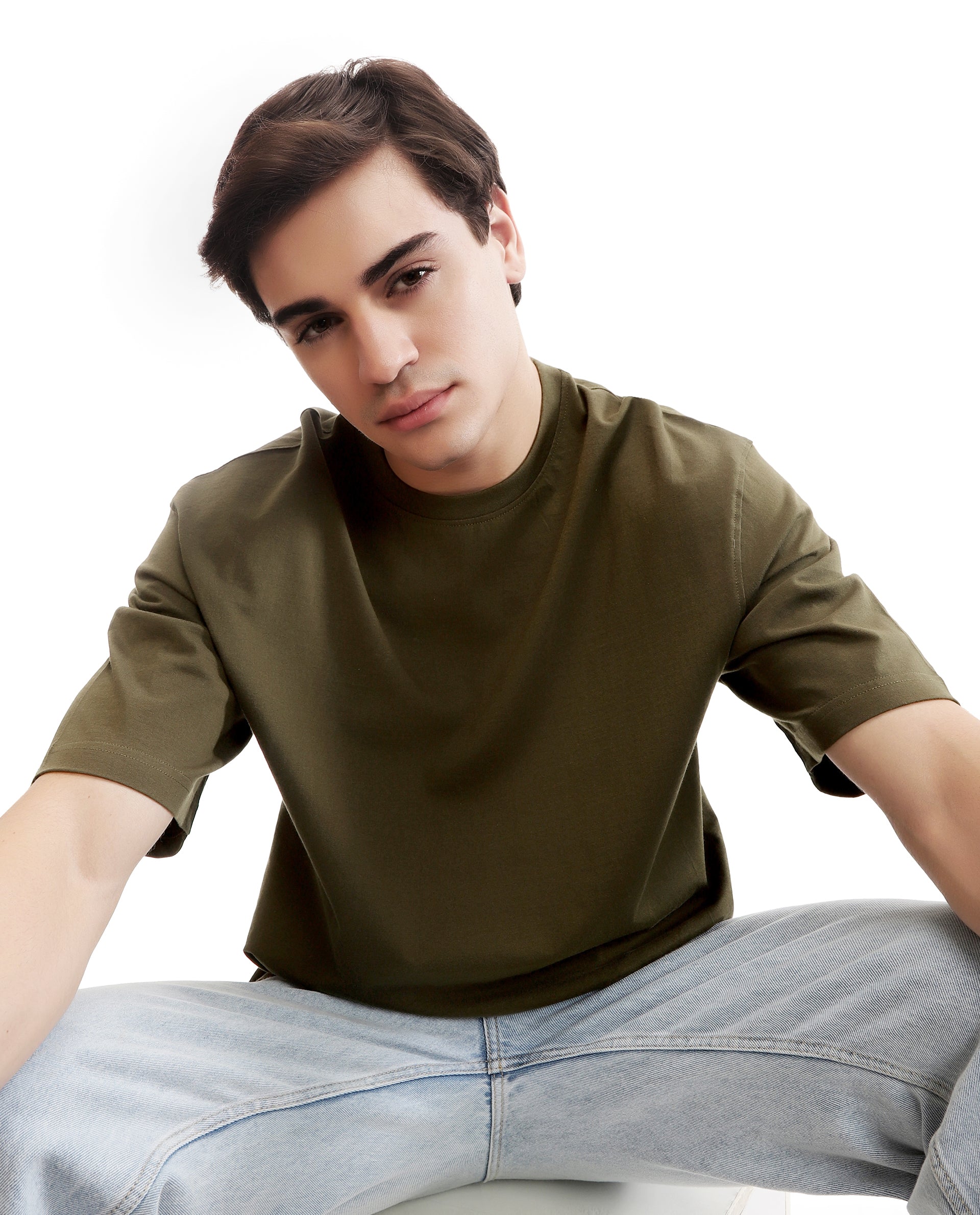 Vintage Olive Single Jersey Crew Neck Oversized T-Shirt