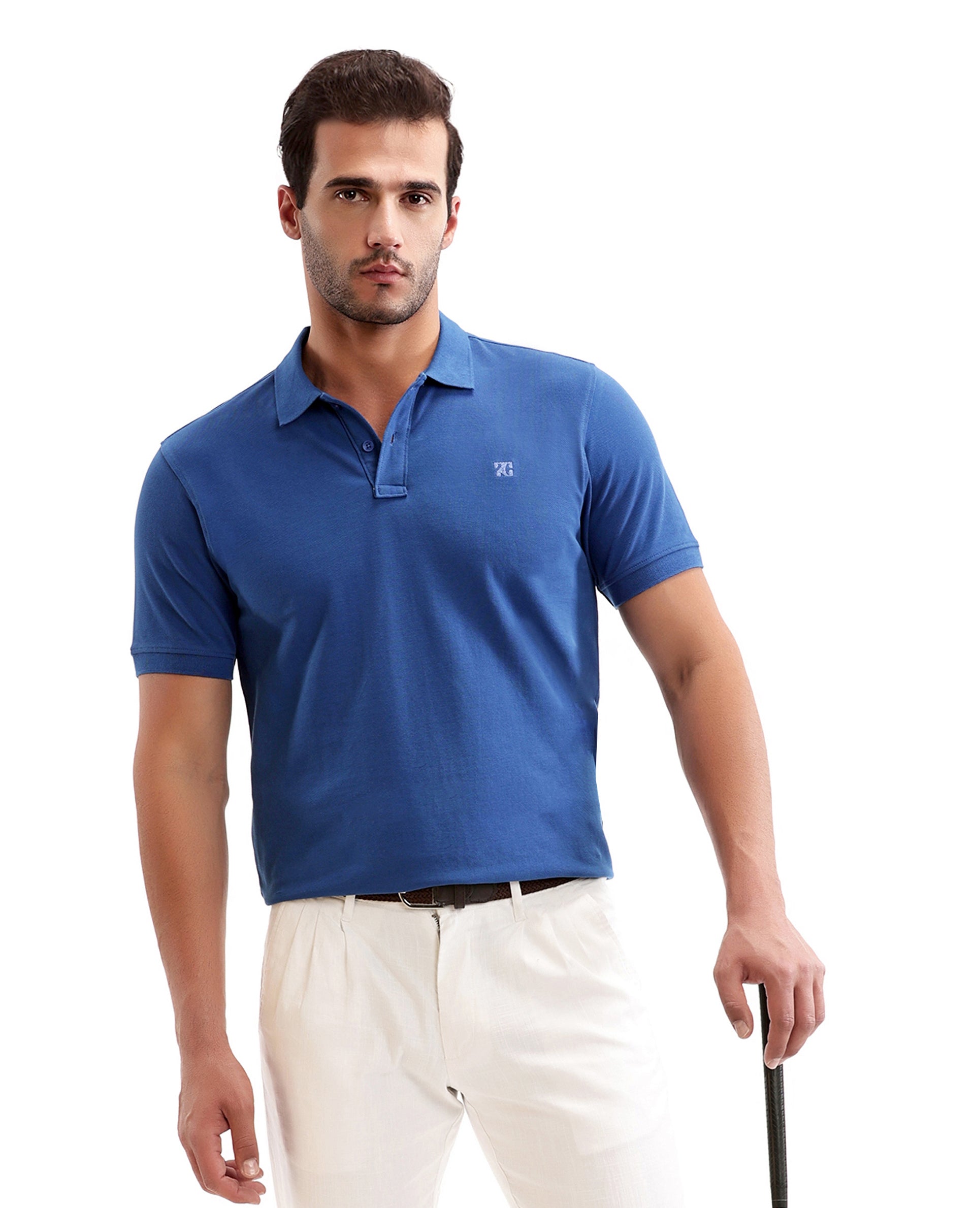 Imperial Prussian Blue Pique Polo with Tone-on-Tone 7C Embroidery