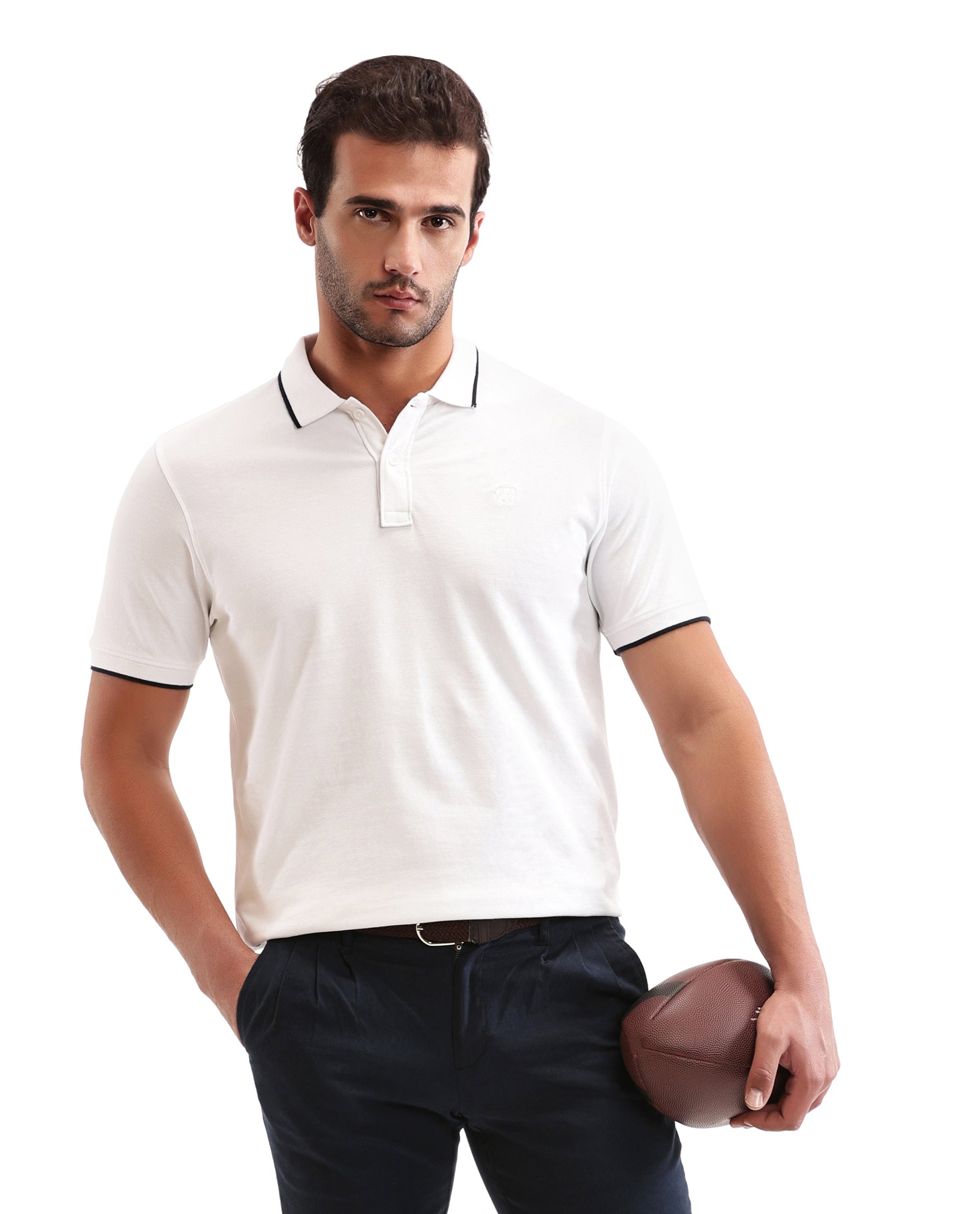 Pure White Pique Polo with Midnight Navy Blue Collar Piping, Tone-on-Tone 7C Embroidery