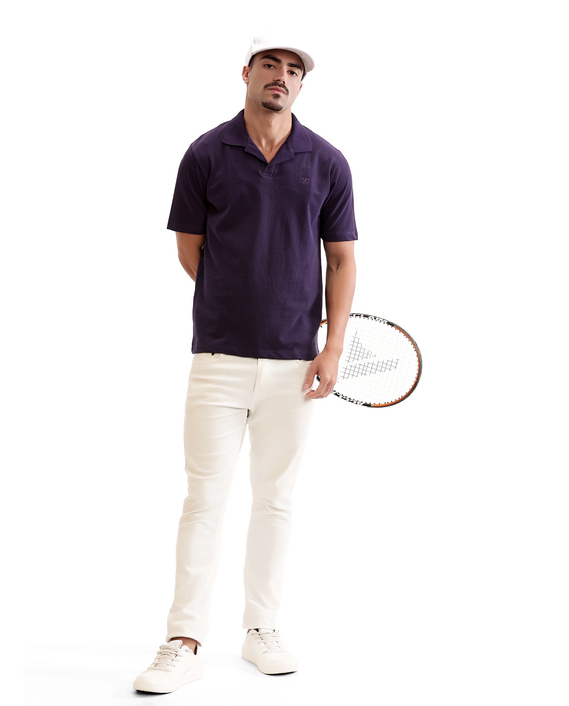 Deep Purple Johnny Collar Pique Polo with Tone-on-Tone 7C Embroidery