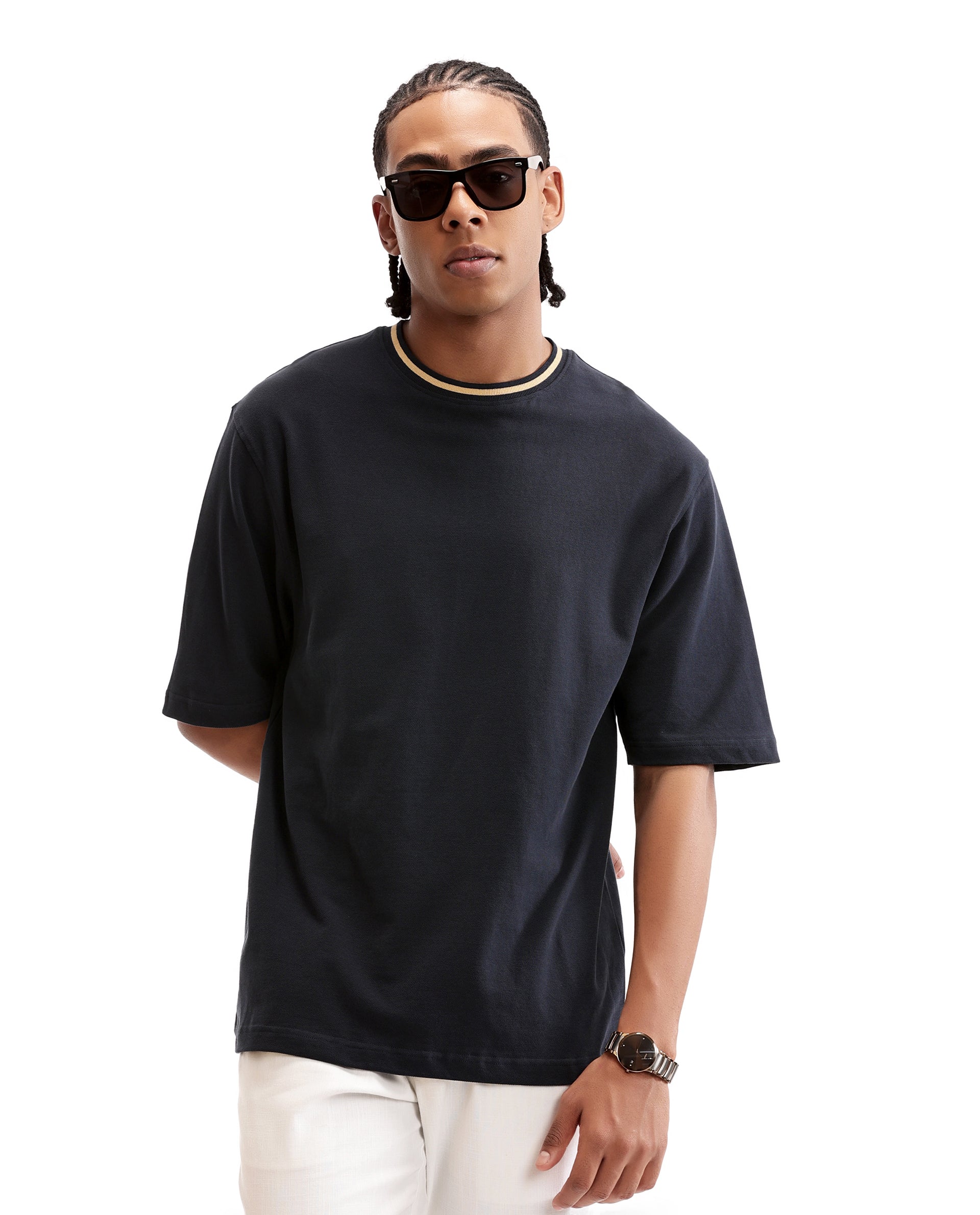 Midnight Navy Blue Pique Crew Neck Oversized T-Shirt with Camel Beige Piping