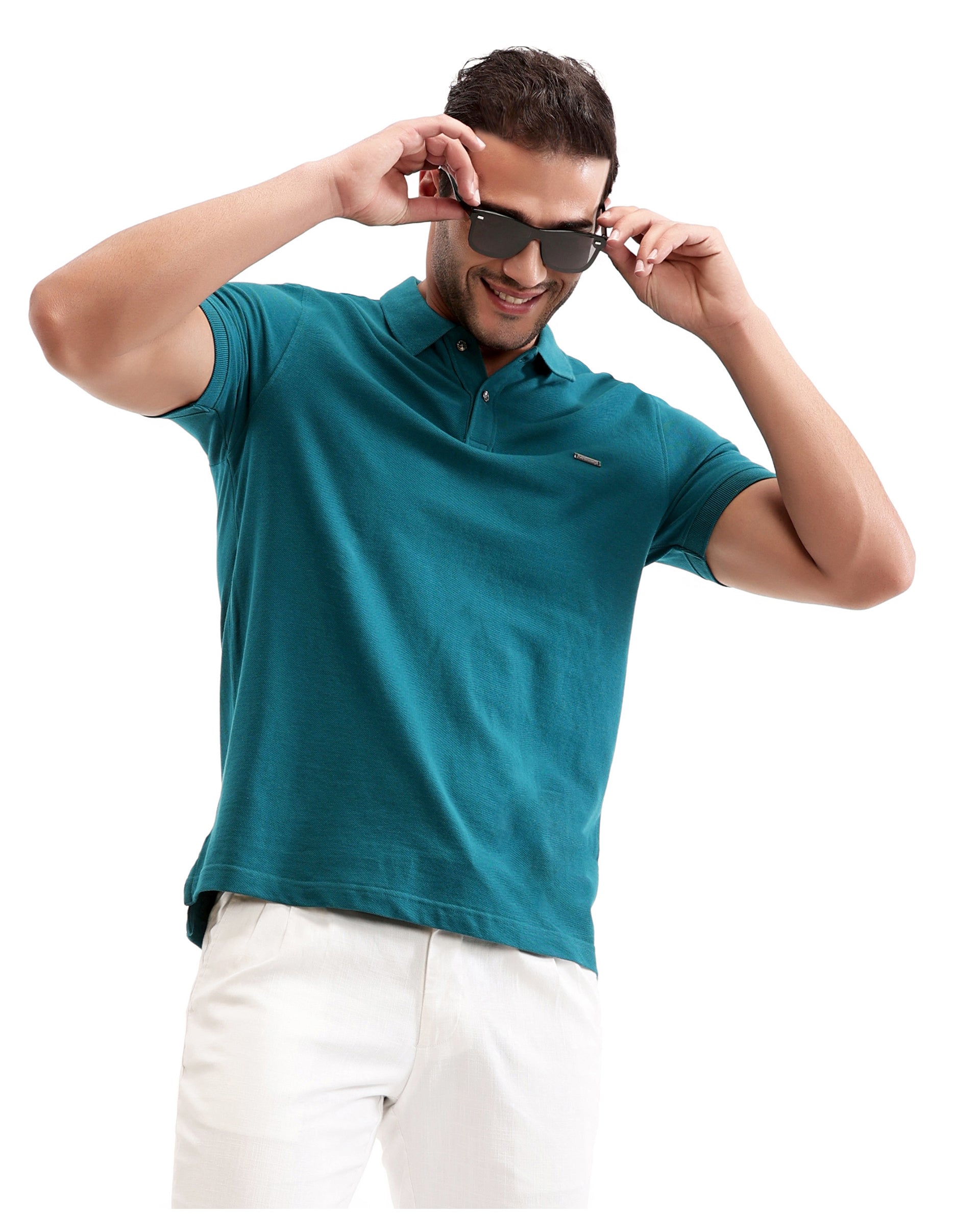 Ocean Teal Pique Polo with Metal Buttons, 7C Metal Badge
