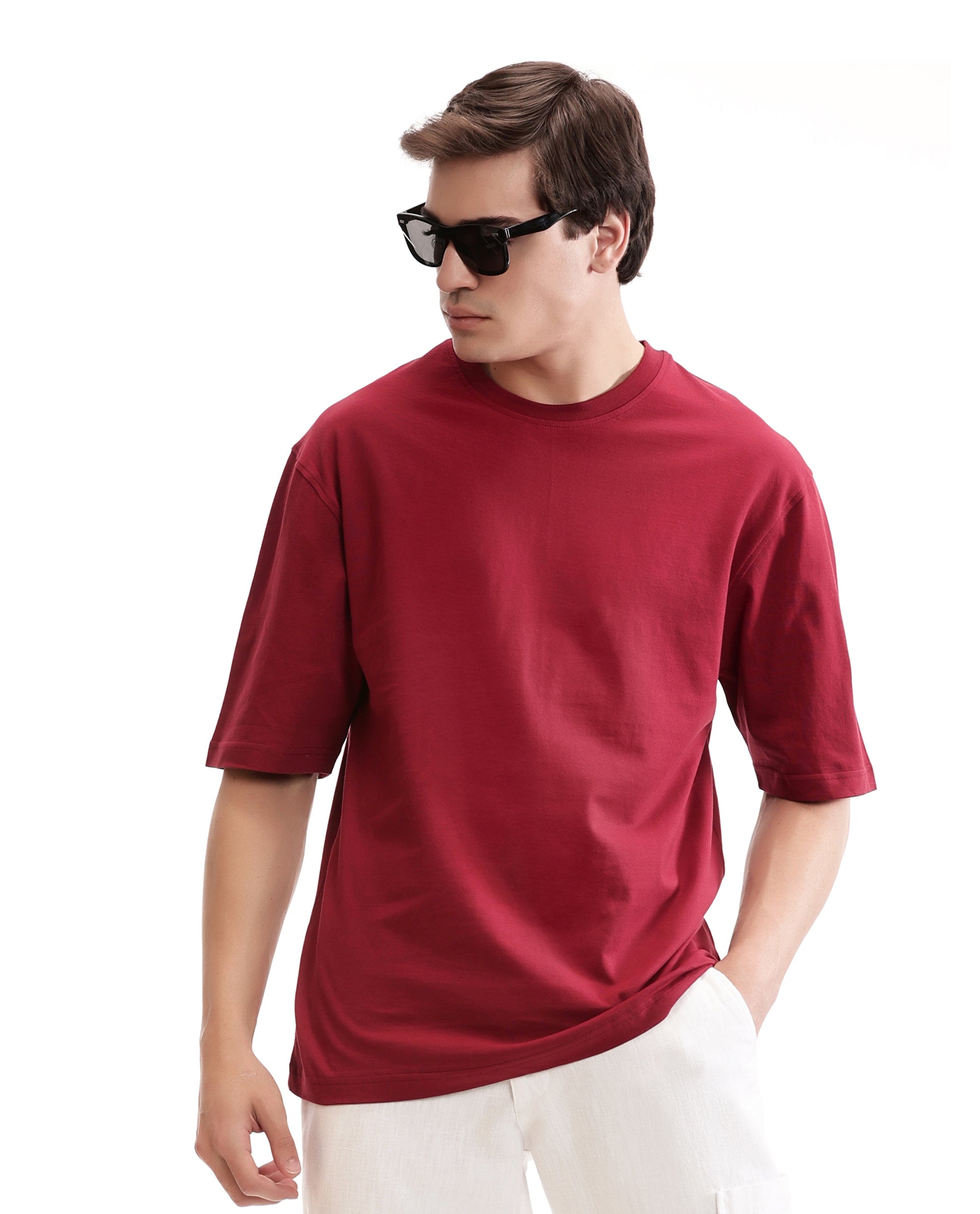 Bordeaux Maroon Single Jersey Crew Neck Oversized T-Shirt