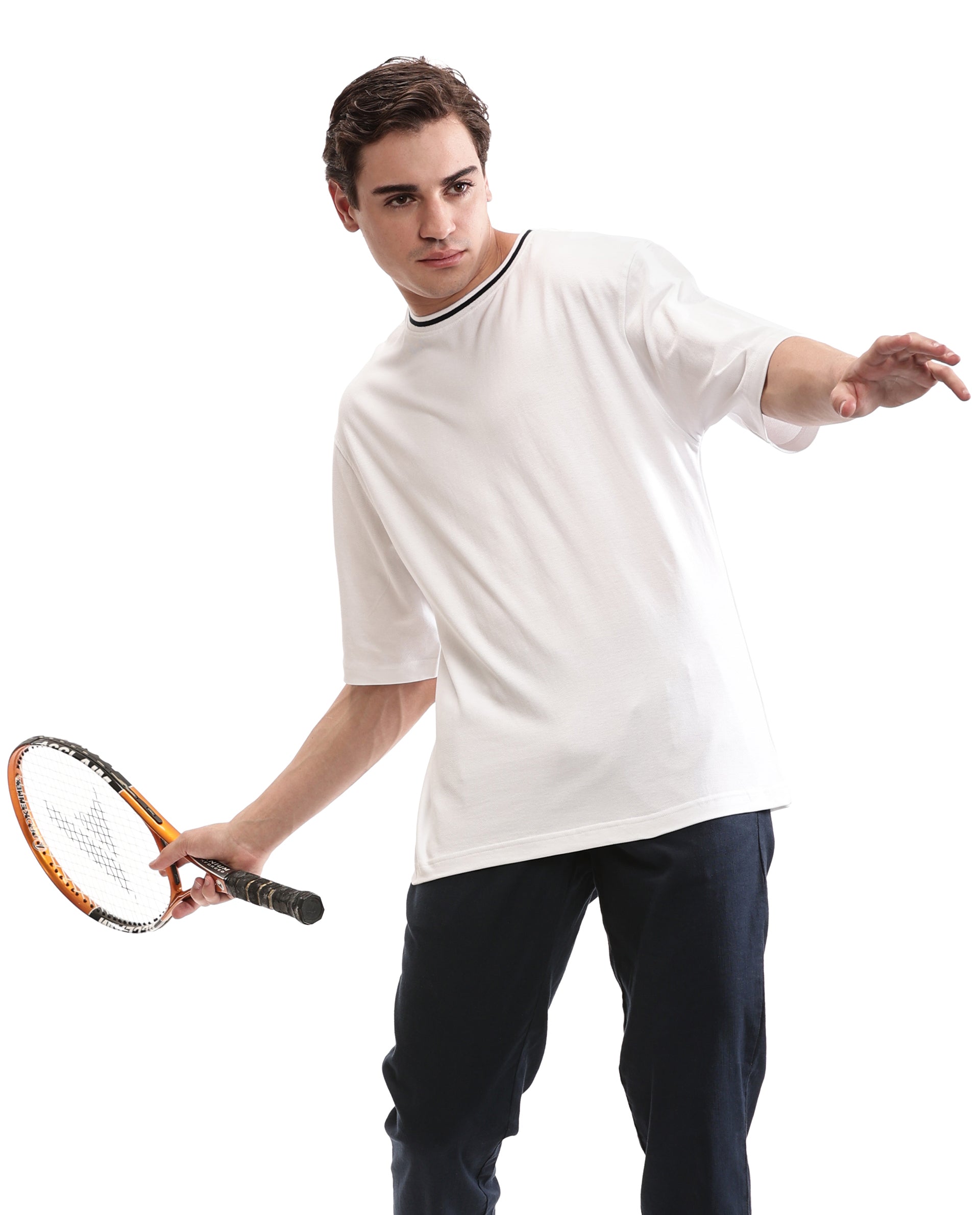 Pure White Pique Crew Neck Oversized T-Shirt with Midnight Navy Blue Piping