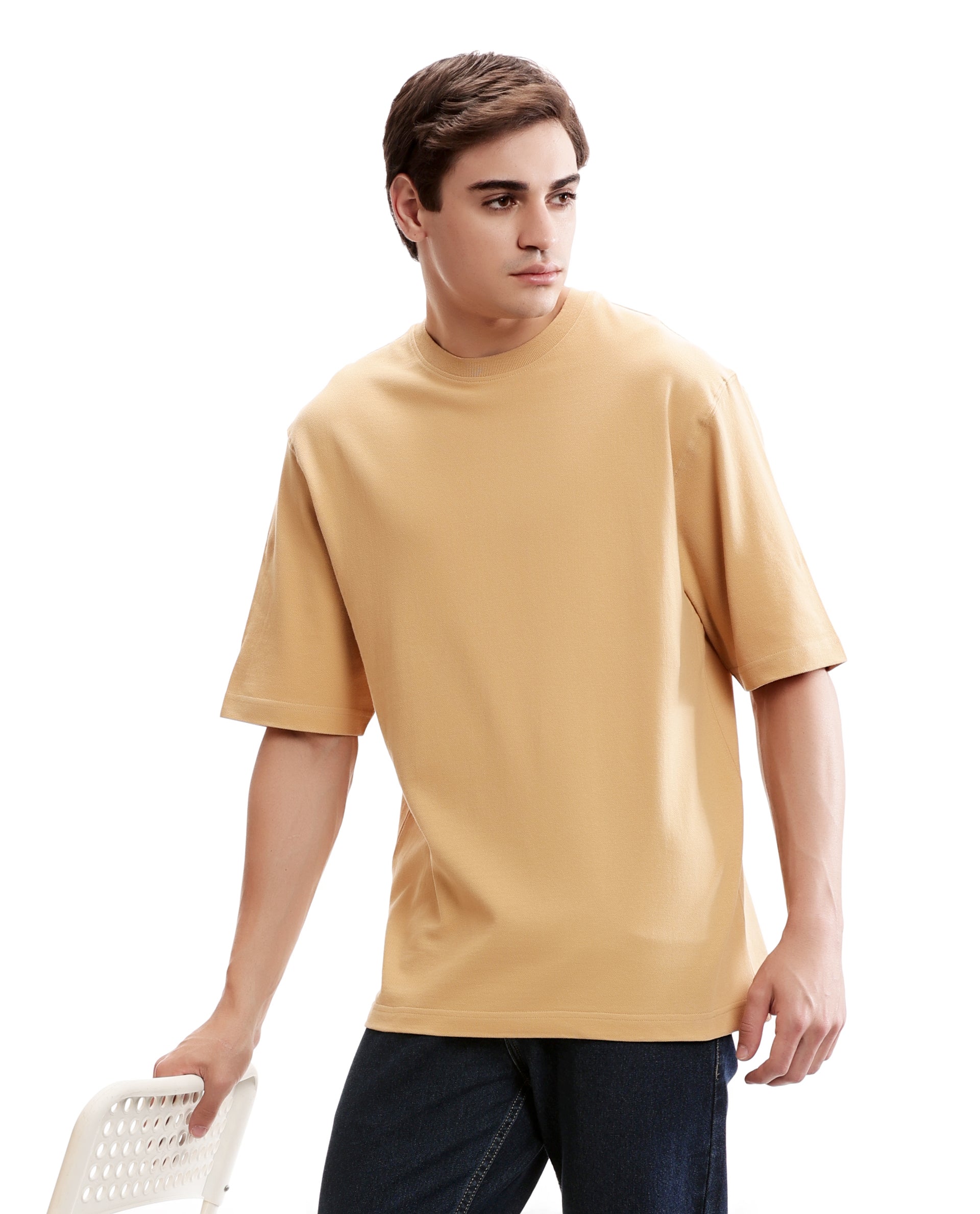 Camel Beige Pique Crew Neck Oversized T-Shirt