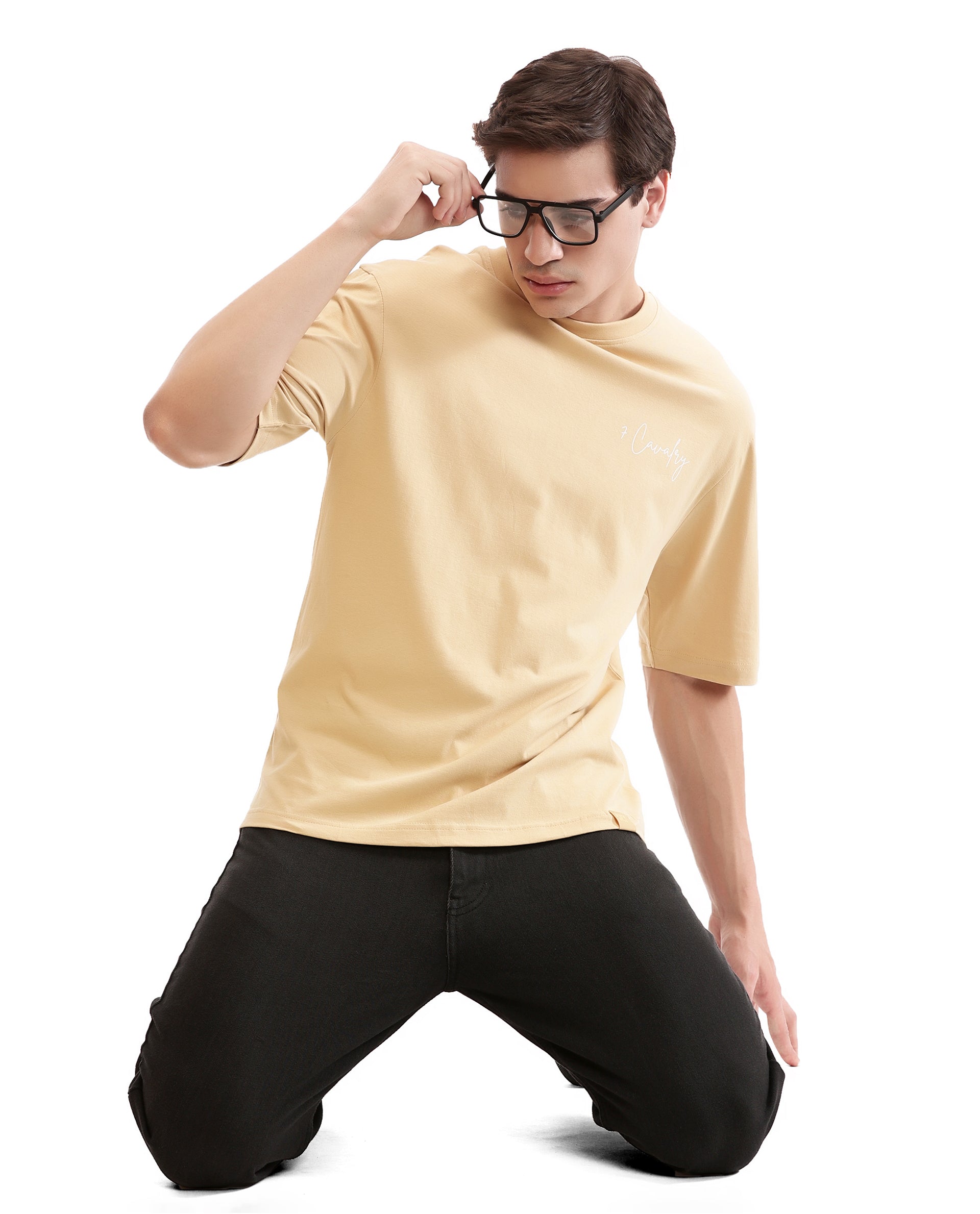 Camel Beige Single Jersey Crew Neck Oversized T-Shirt with Pure White Non-PVC Print