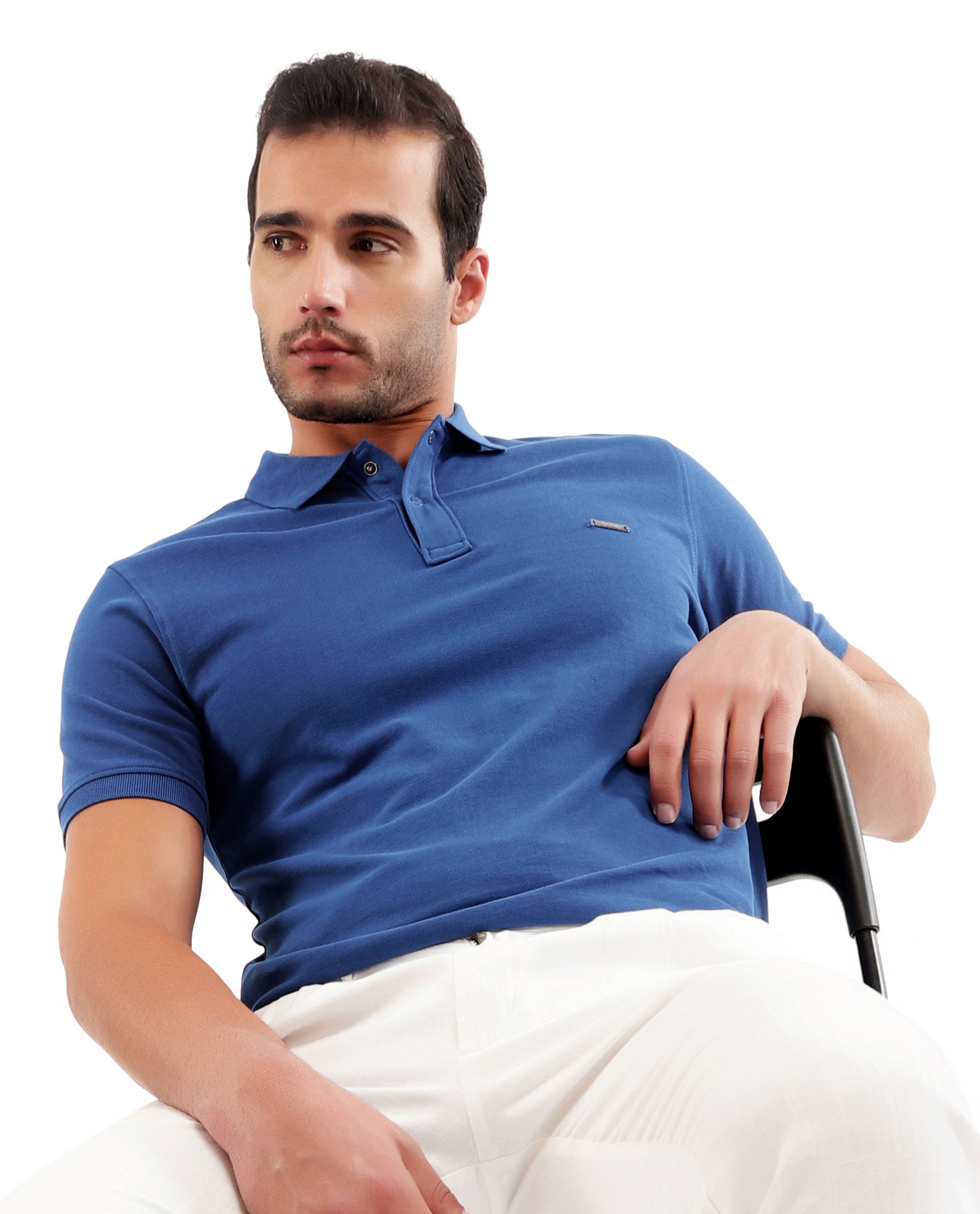 Imperial Prussian Blue Pique Polo with 7C Snap Buttons, Metal Badge