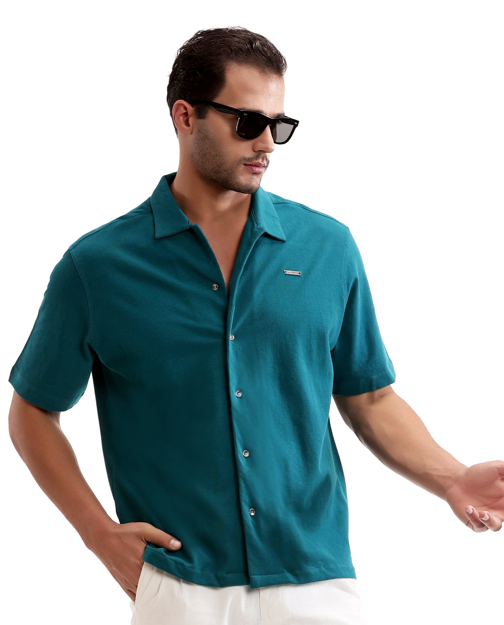 Ocean Teal Pique Knit Shirt with 7C Metal Buttons, Gun Metal Badge