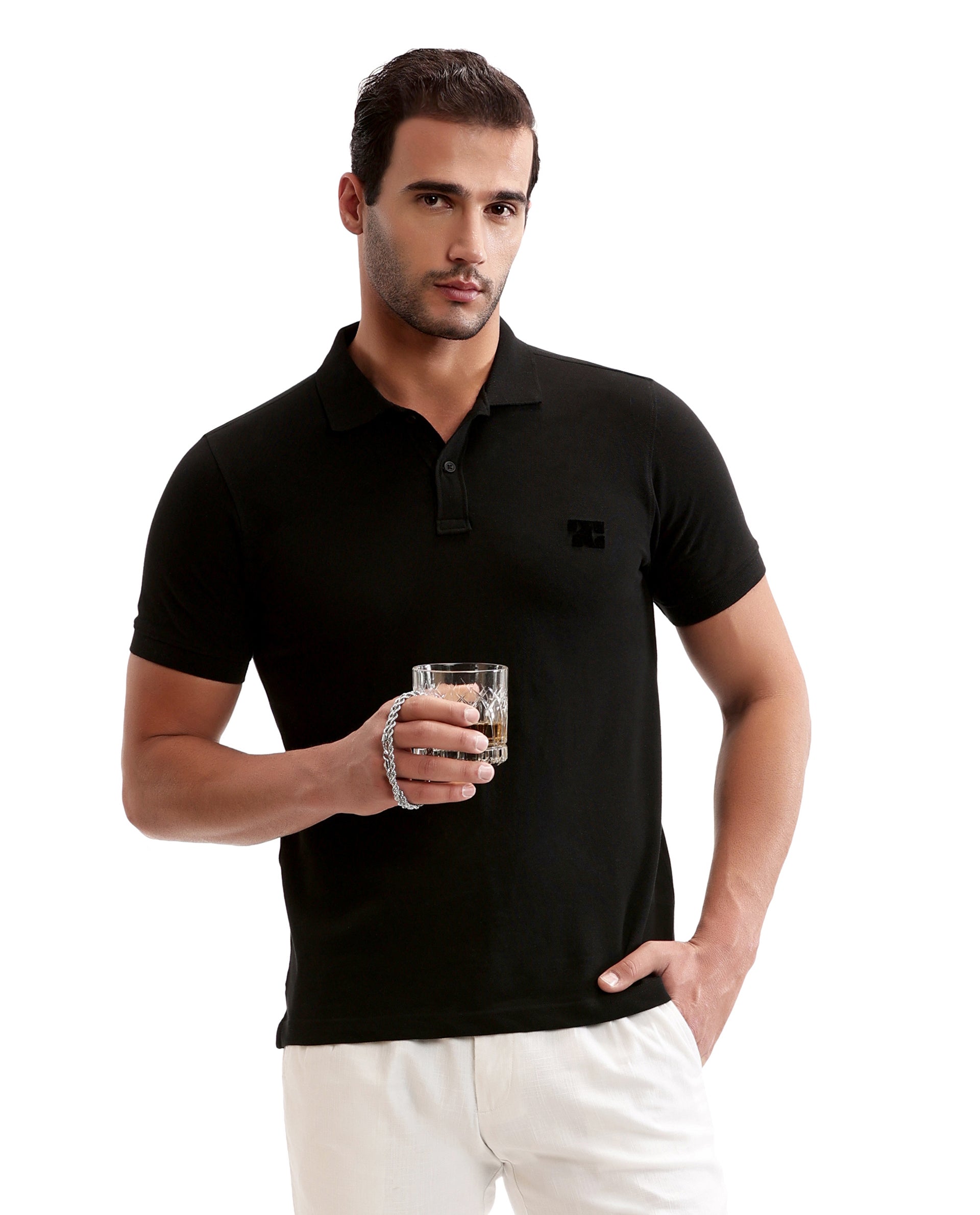 Charcoal Black Pique Polo with Tufted Embroidery