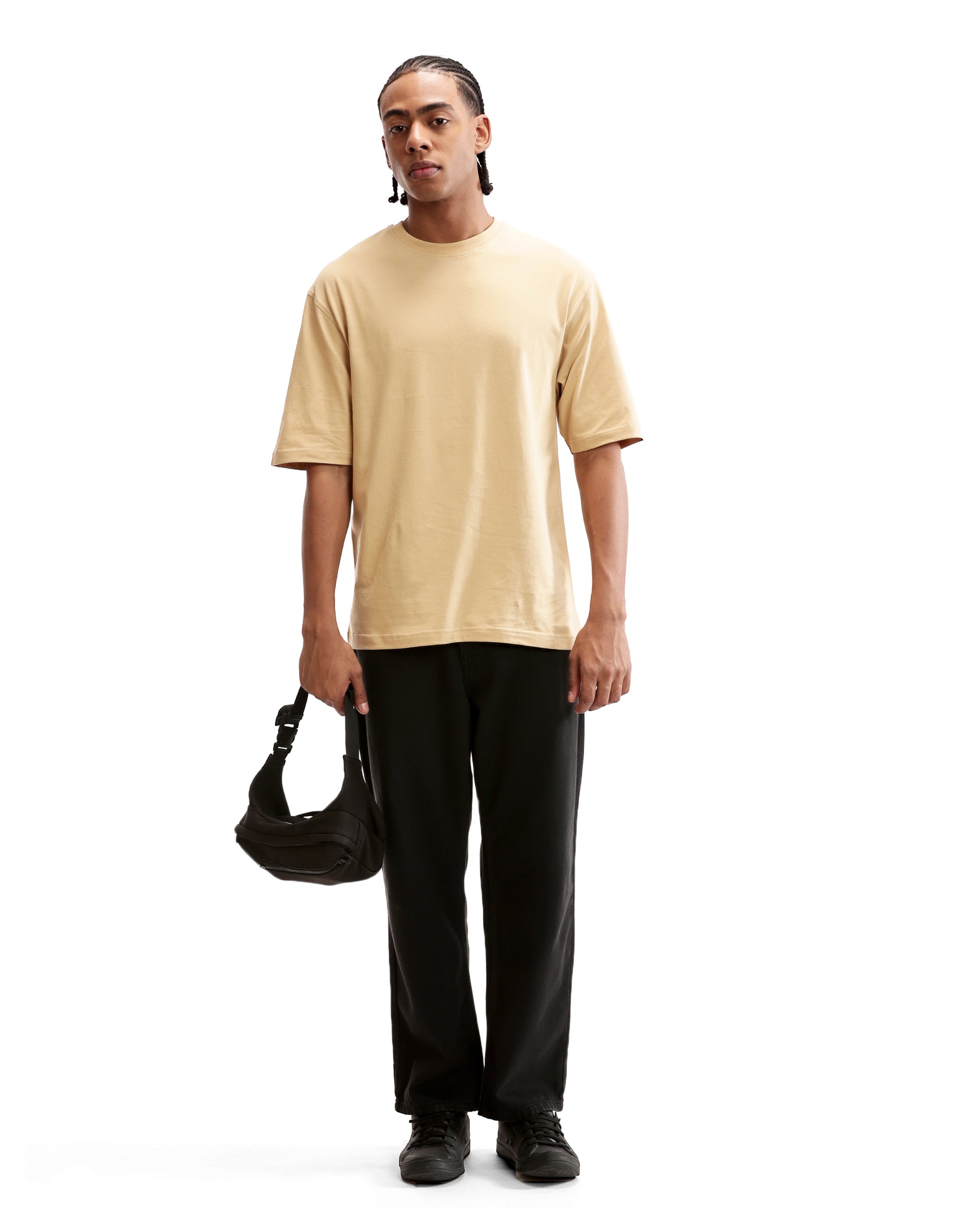 Camel Beige Single Jersey Crew Neck Oversized T-Shirt