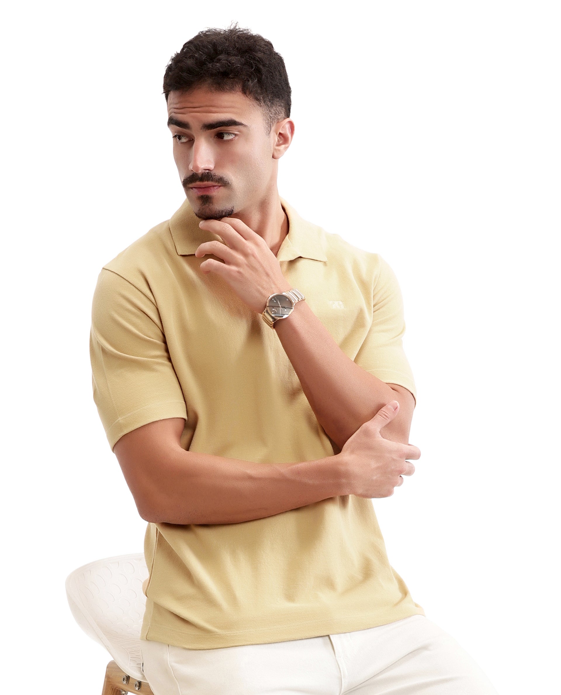 Camel Beige Johnny Collar Pique Polo with Tone-on-Tone 7C Embroidery