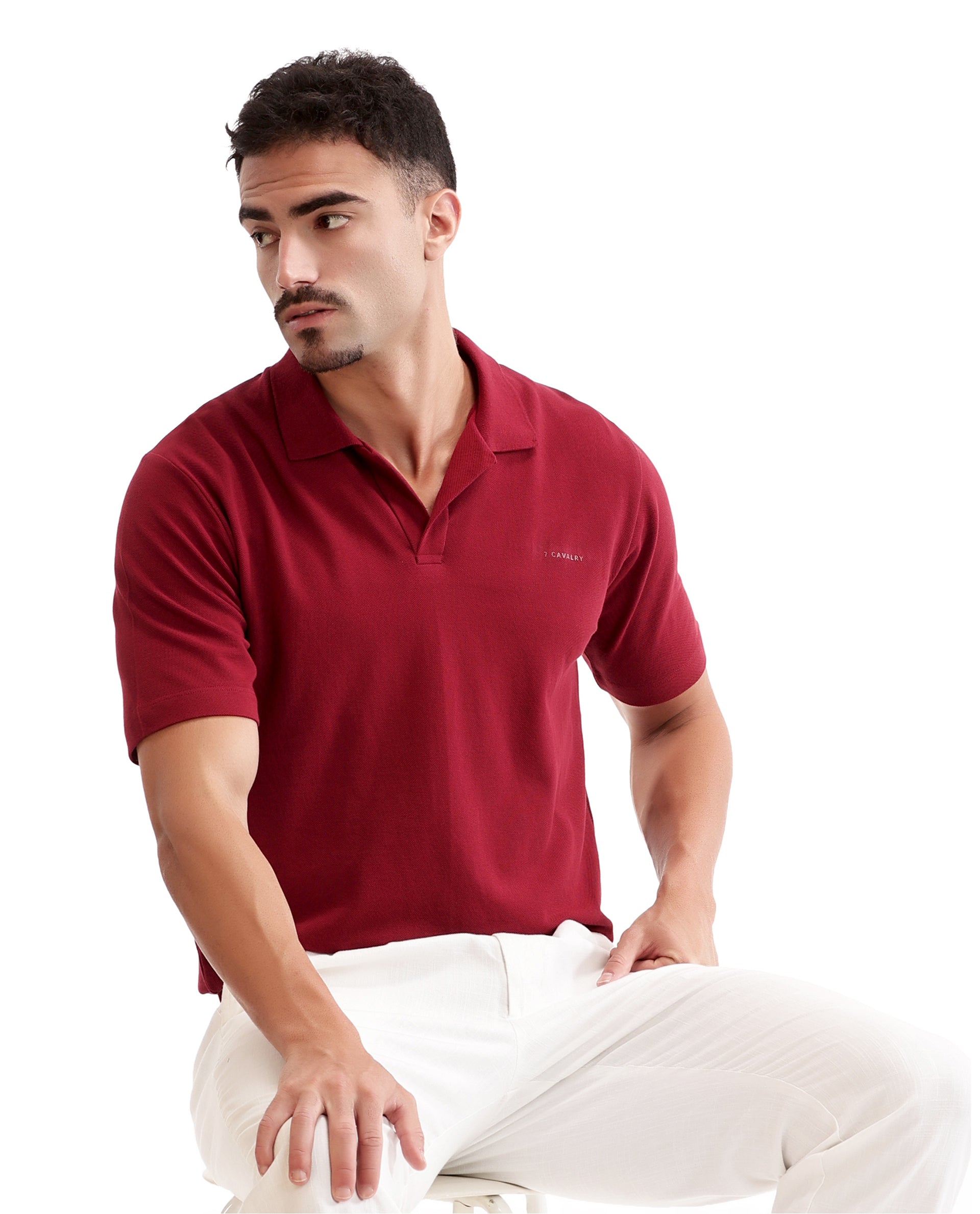 Bordeaux Maroon Pique Johnny Collar Polo with HD Print