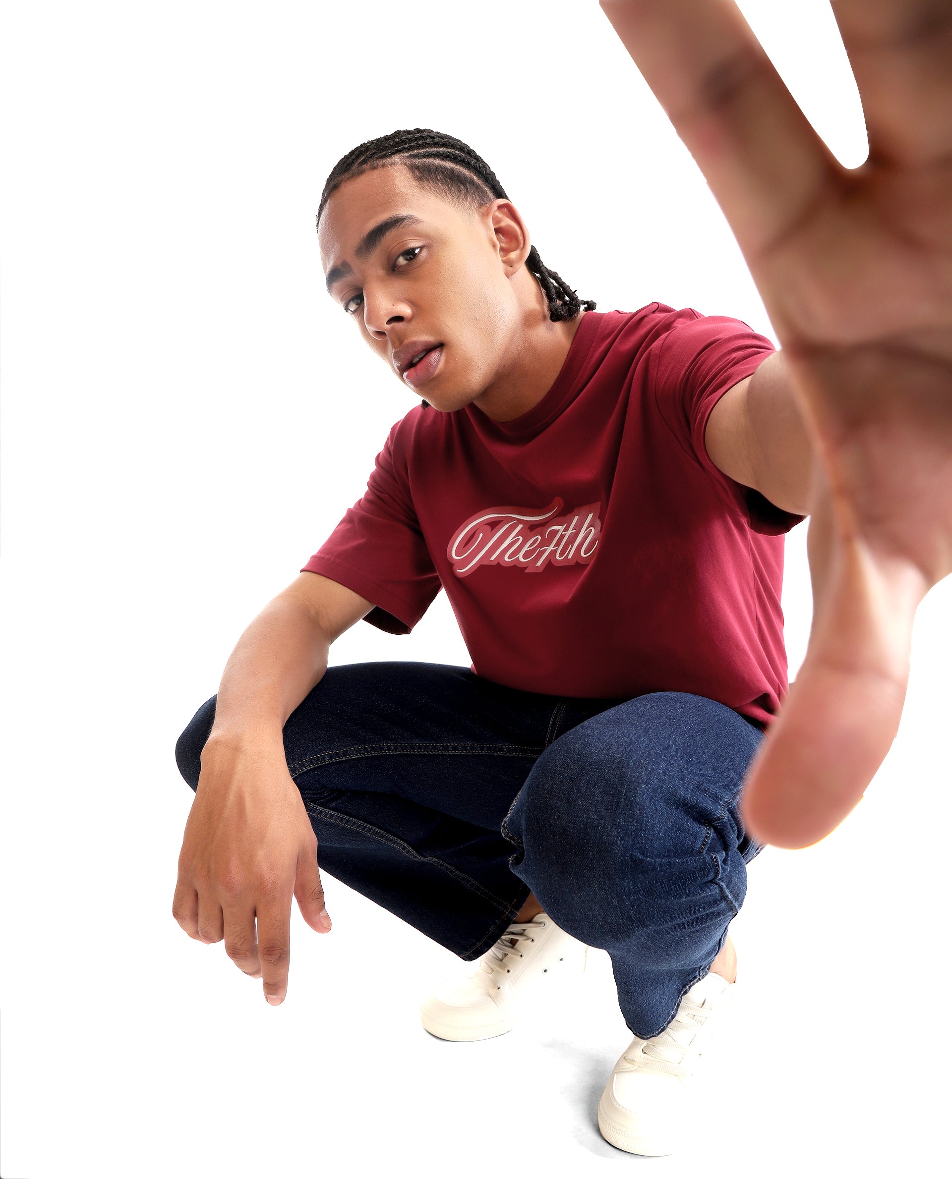 Bordeaux Maroon Single Jersey Crew Neck Oversized T-Shirt with Light Maroon Print & Pure White 7C Embroidery
