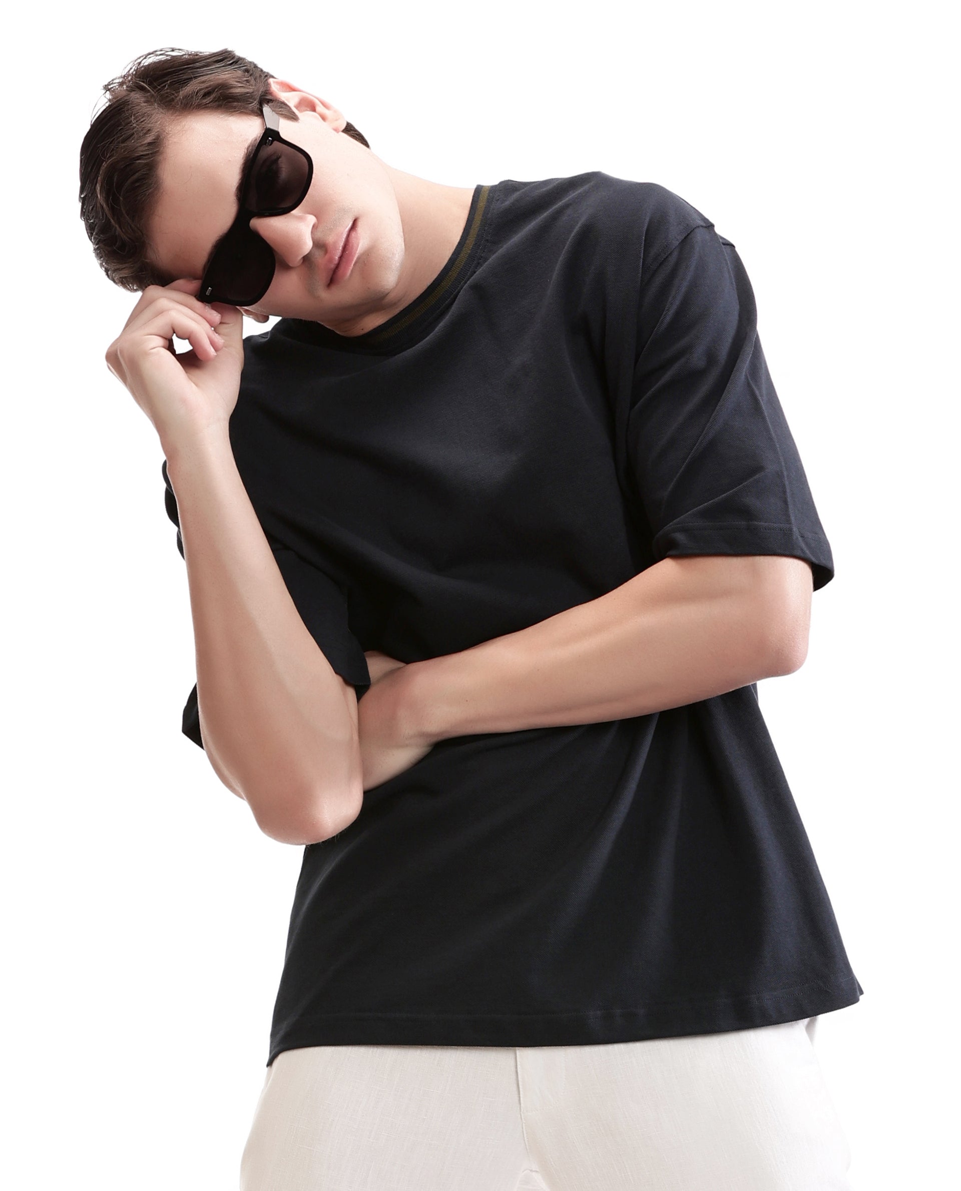 Midnight Navy Blue Pique Crew Neck Oversized T-Shirt with Vintage Olive Piping
