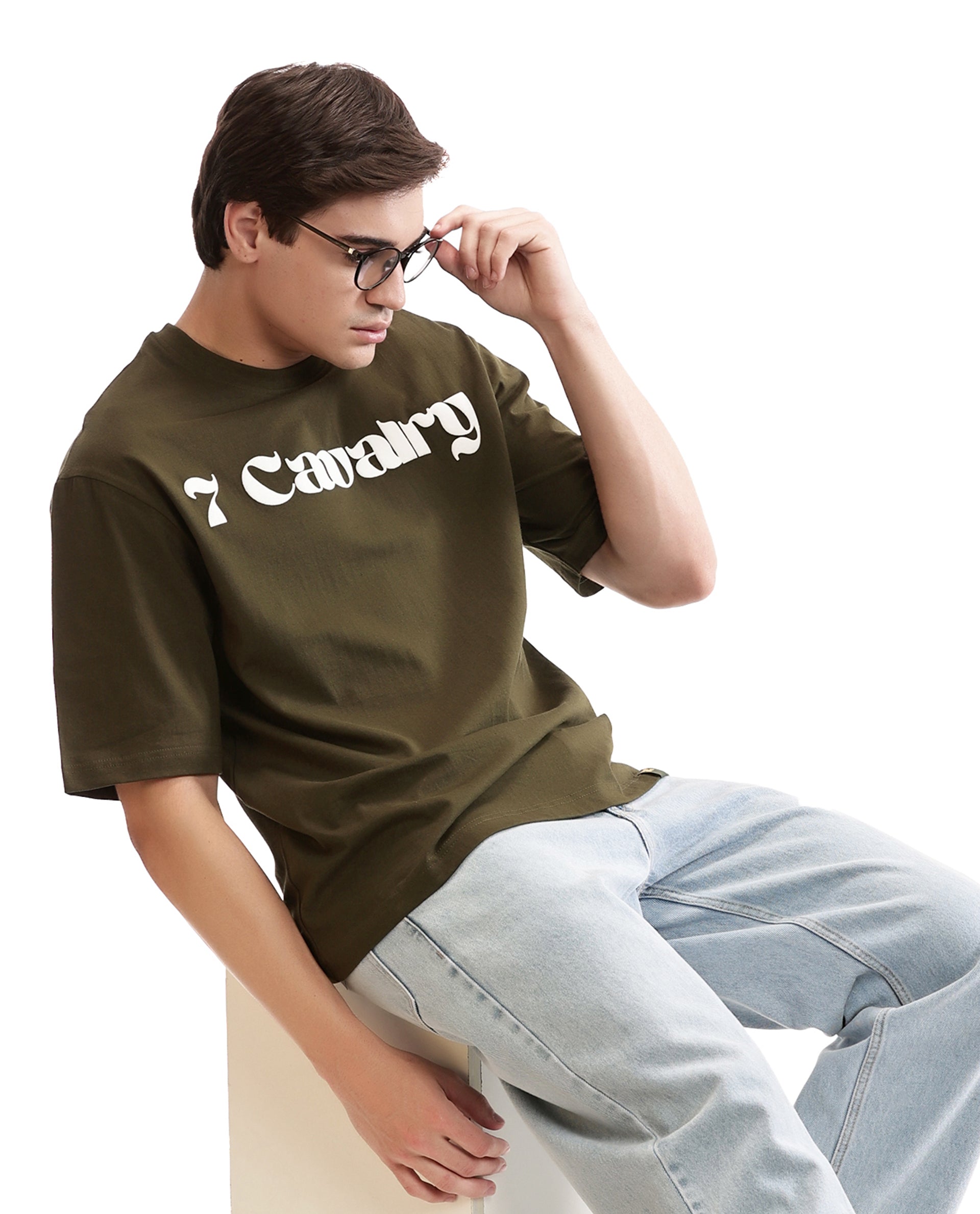 Vintage Olive Single Jersey Crew Neck Oversized T-Shirt with Pure White Puff Print