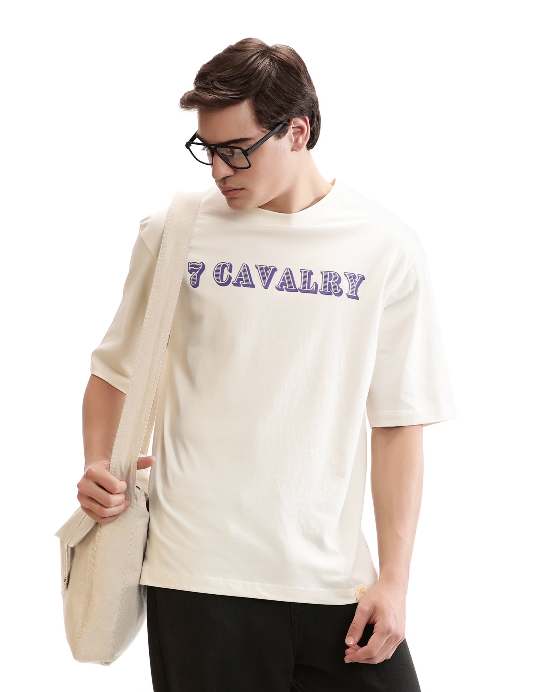 Ivory White Single Jersey Crew Neck Oversized T-Shirt with Deep Purple HD Print