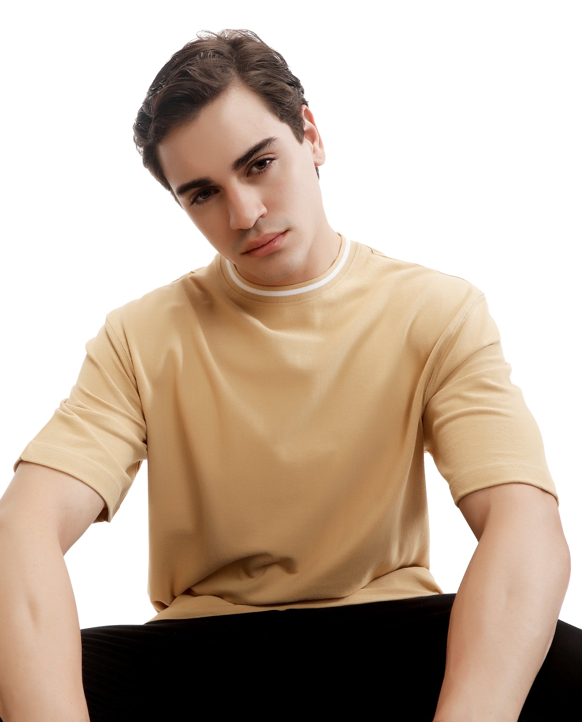 Camel Beige Pique Crew Neck Oversized T-Shirt with Pure White Piping