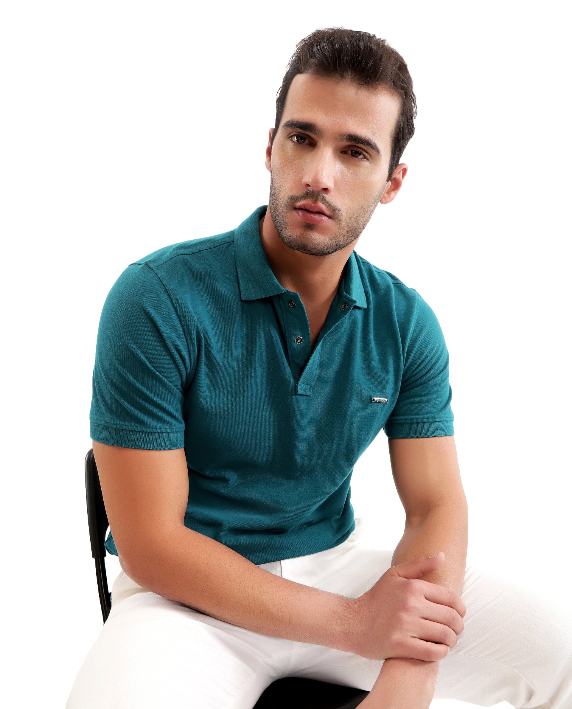 Ocean Teal Pique Polo with 7C Snap Buttons, Metal Badge