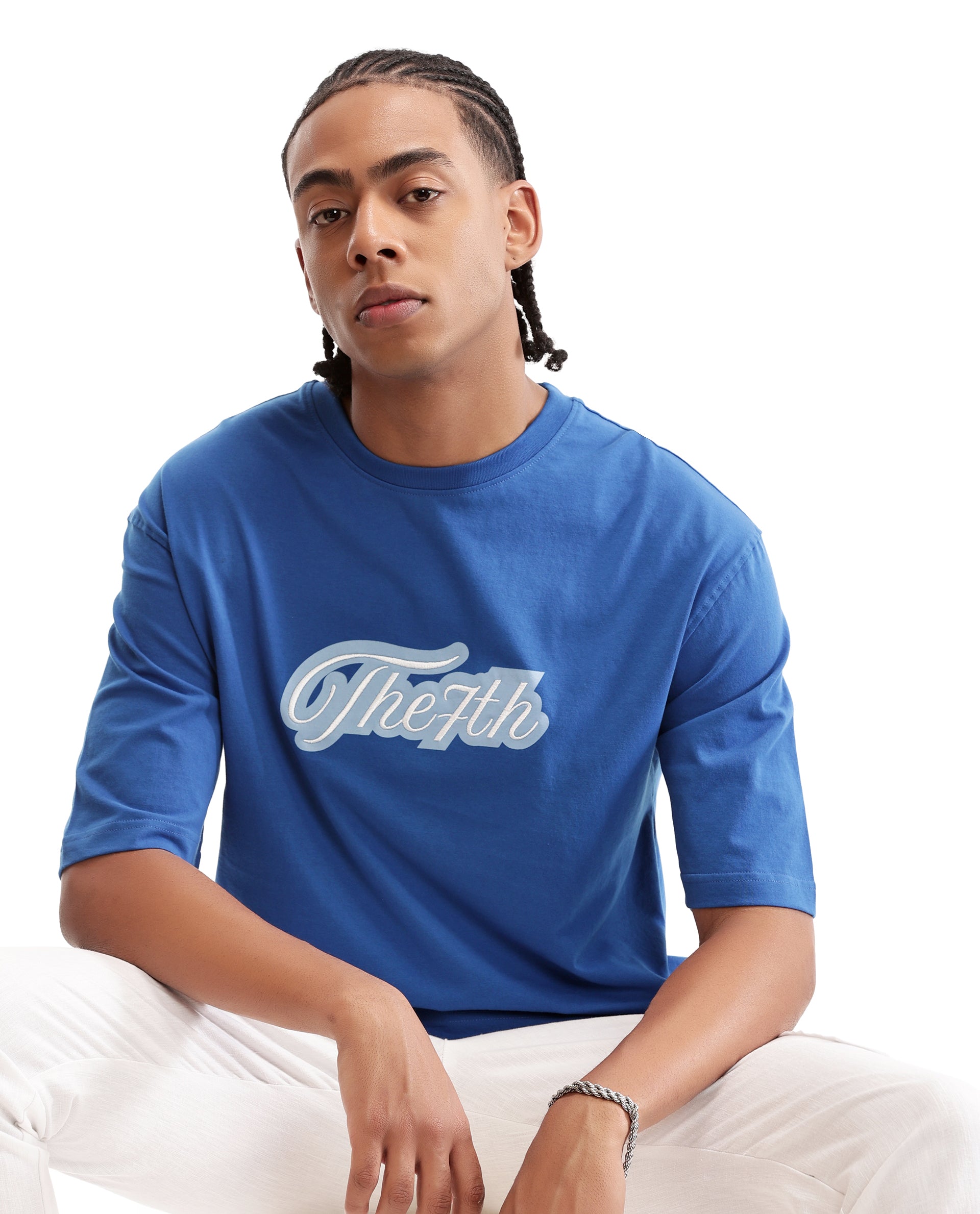 Imperial Prussian Blue Single Jersey Crew Neck Oversized T-Shirt with Light Blue Print & Pure White 7C Embroidery
