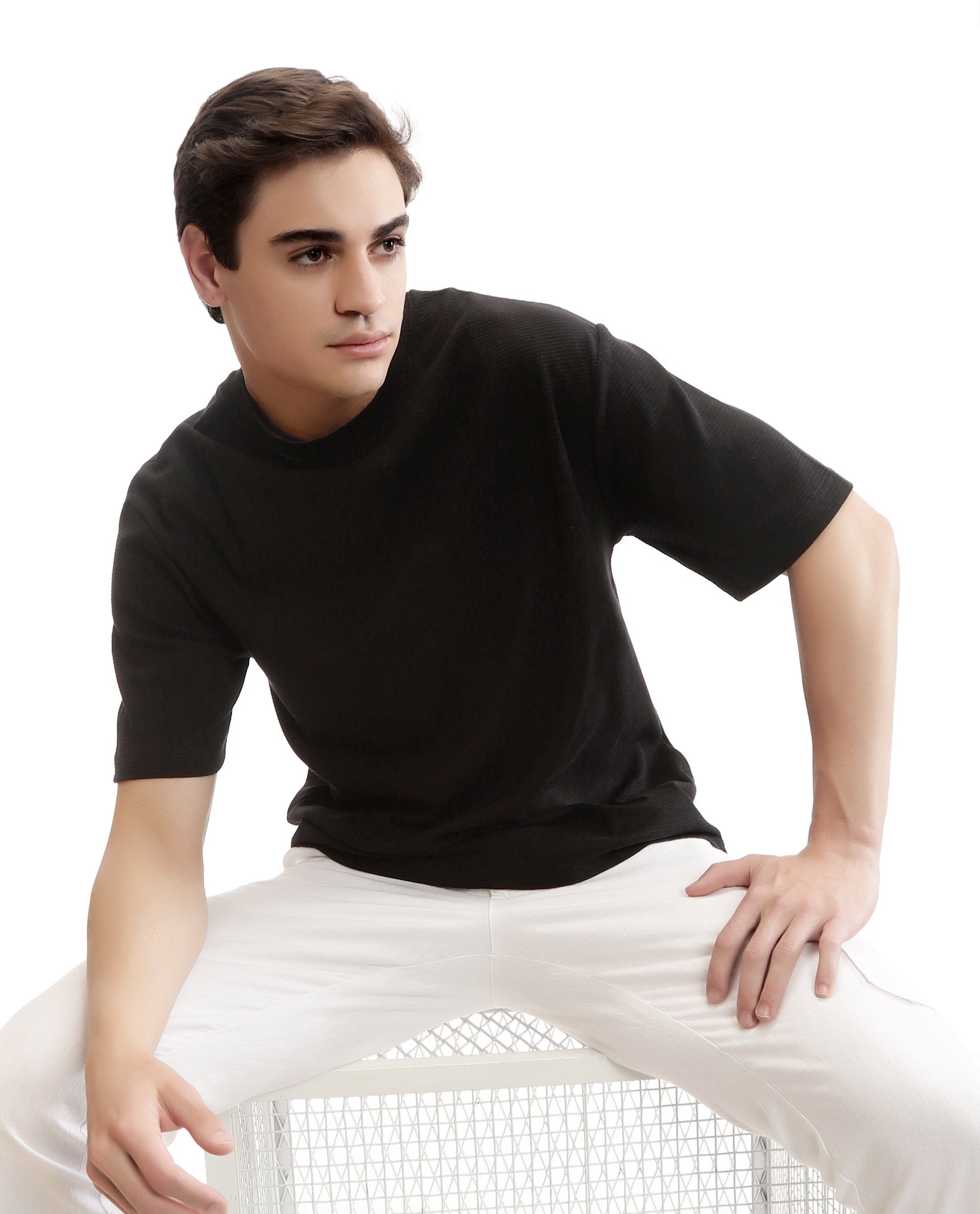 Charcoal Black Knitted Waffle Crew Neck Oversized T-Shirt