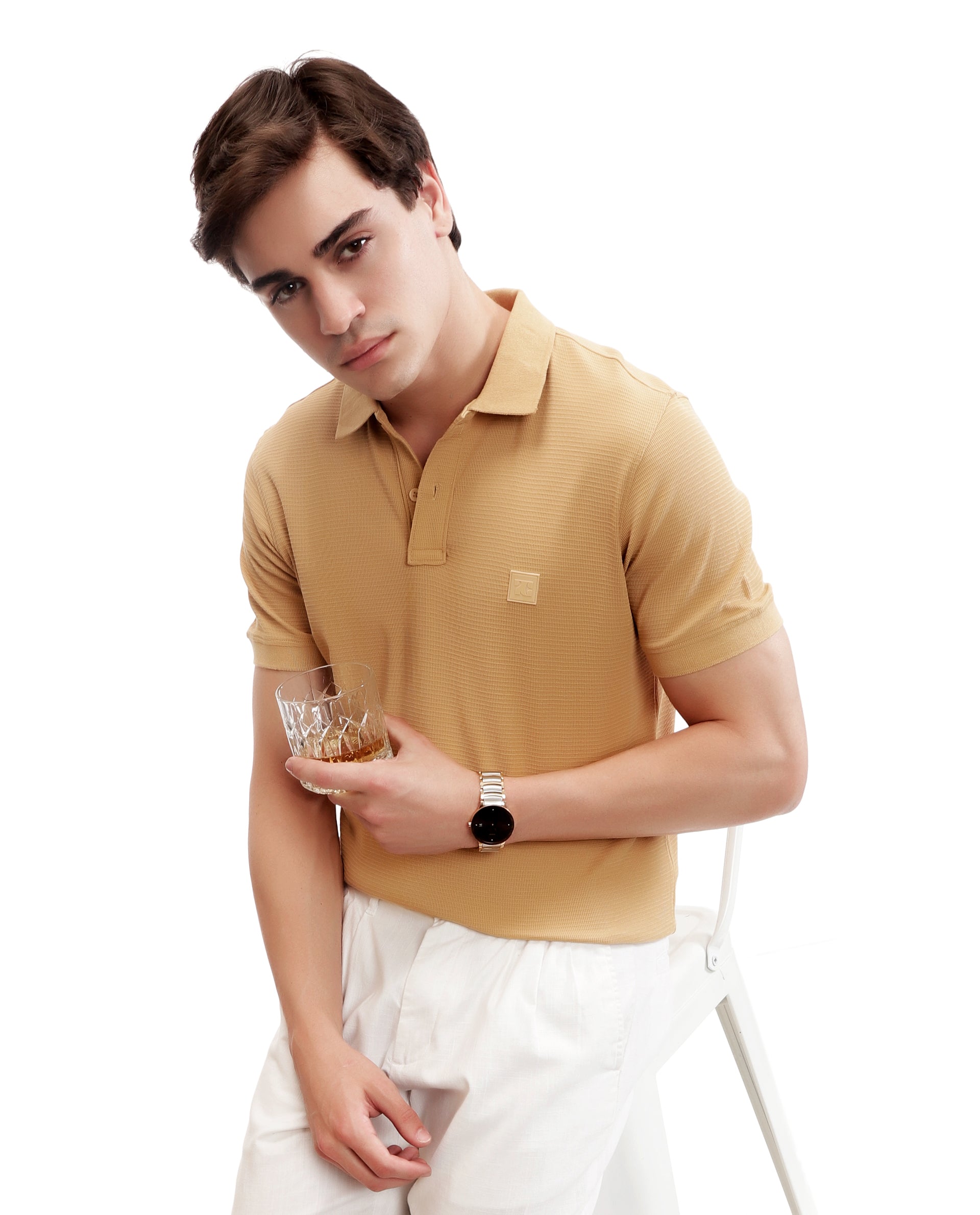 Camel Beige Knitted Waffle Polo with 7C Rubber Patch & Ribbed Collar
